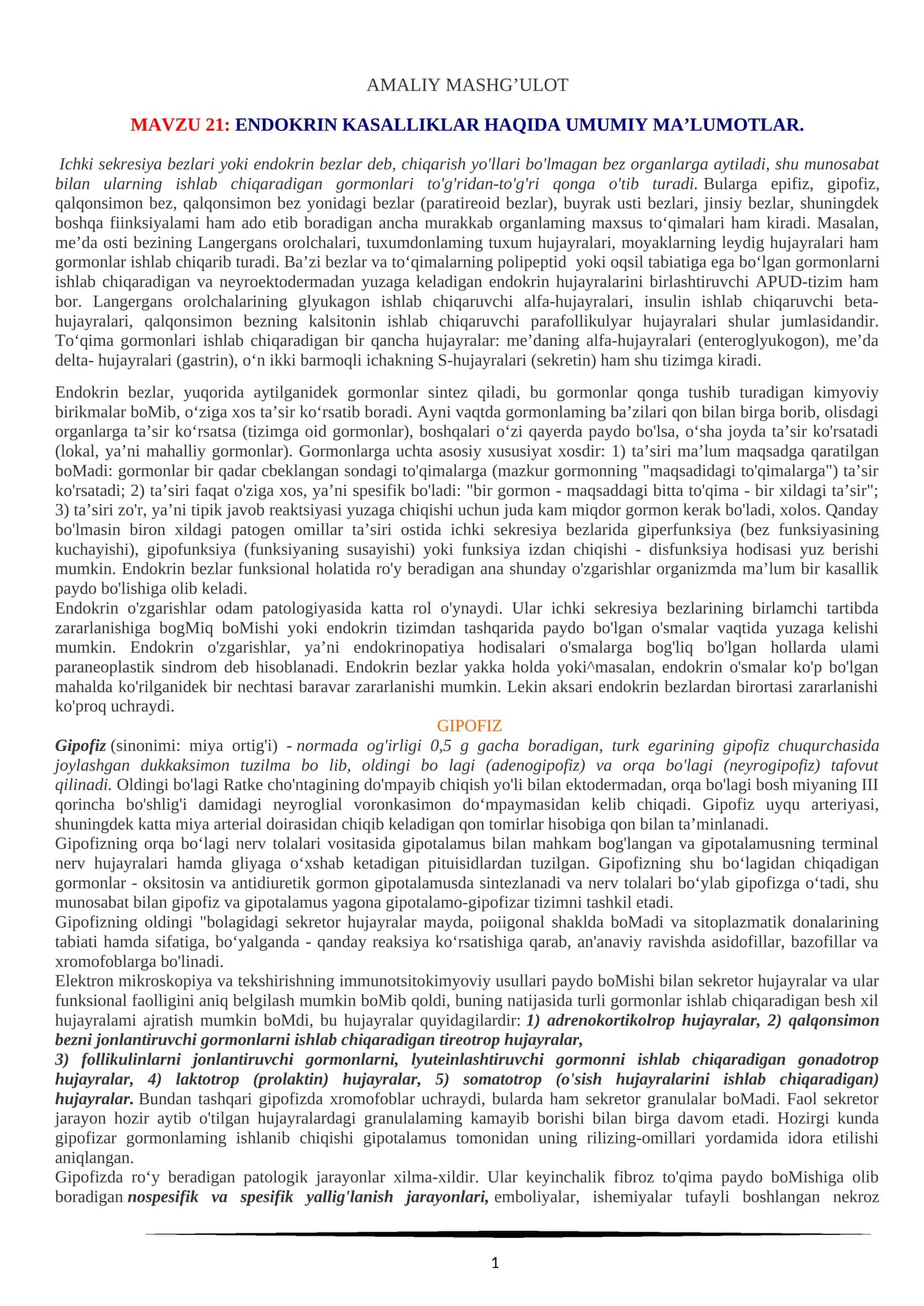 ENDOKRIN KASALLIKLAR HAQIDA UMUMIY MA’LUMOTLAR