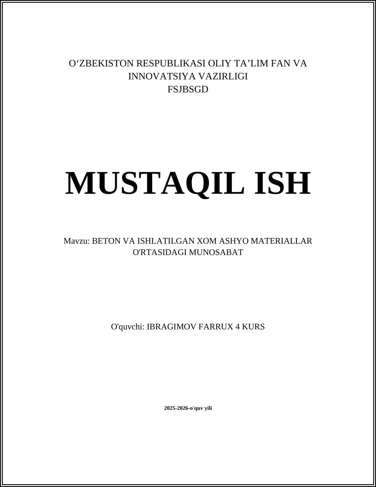 BETON VA ISHLATILGAN XOM ASHYO MATERIALLAR O'RTASIDAGI MUNOSABAT