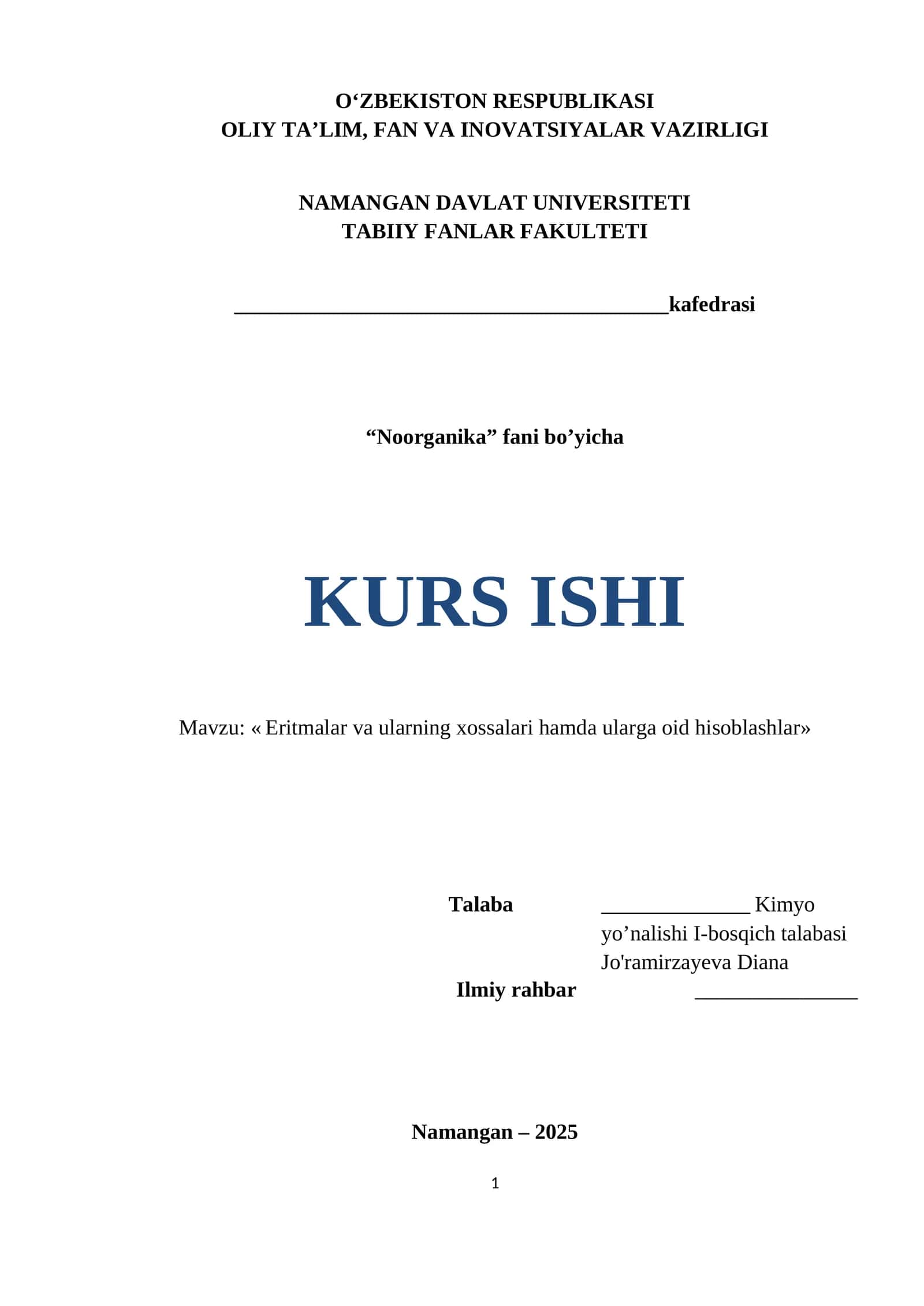 KURS ISHI "Eritmalar va ularning xossalari hamda ularga oid hisoblashlar"