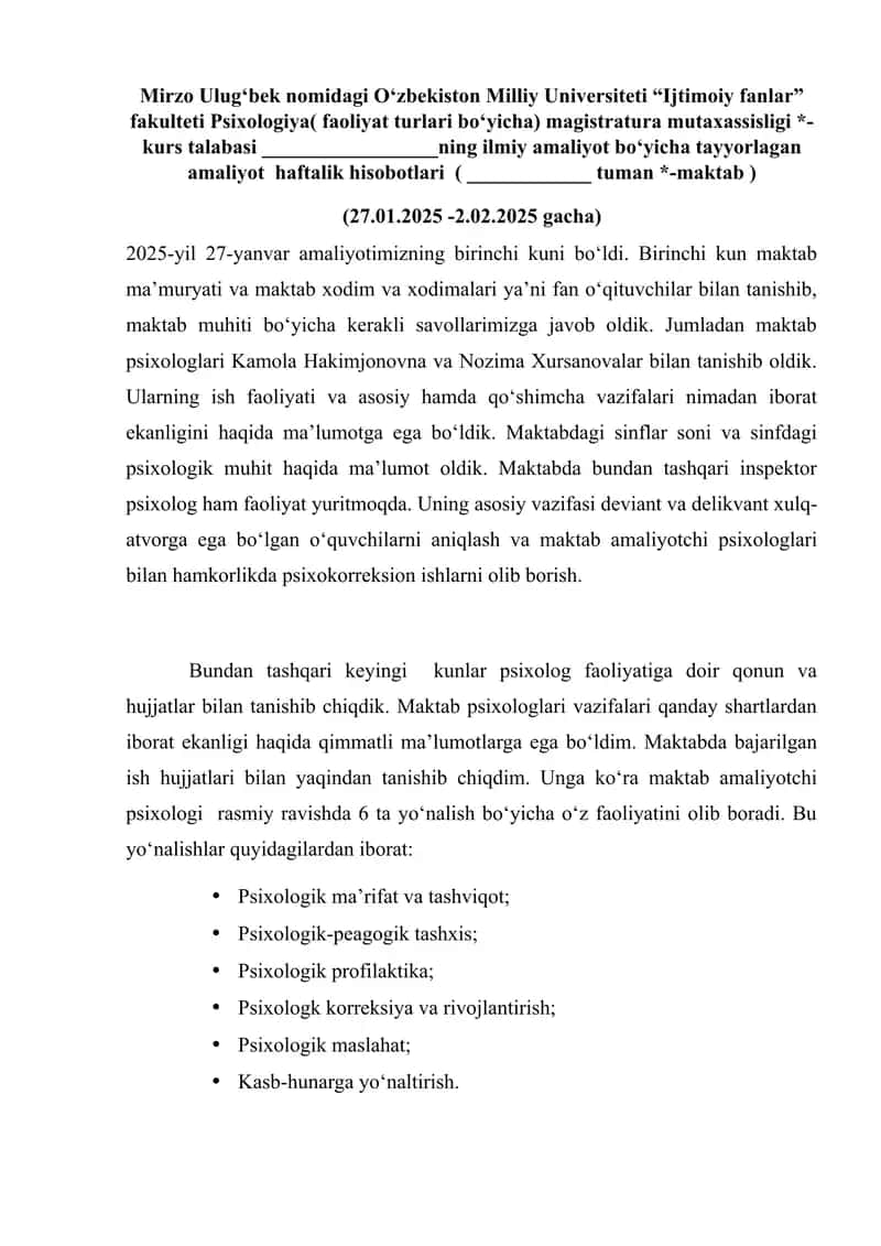 Amaliyot boʻyicha tayyorlagan amaliyot  haftalik hisobotlari