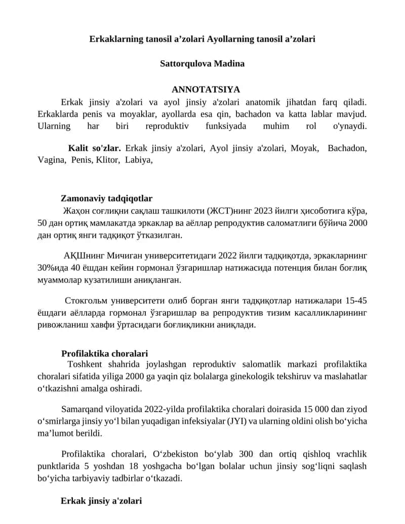 Erkaklarning tanosil a’zolari Ayollarning tanosil a’zolari
