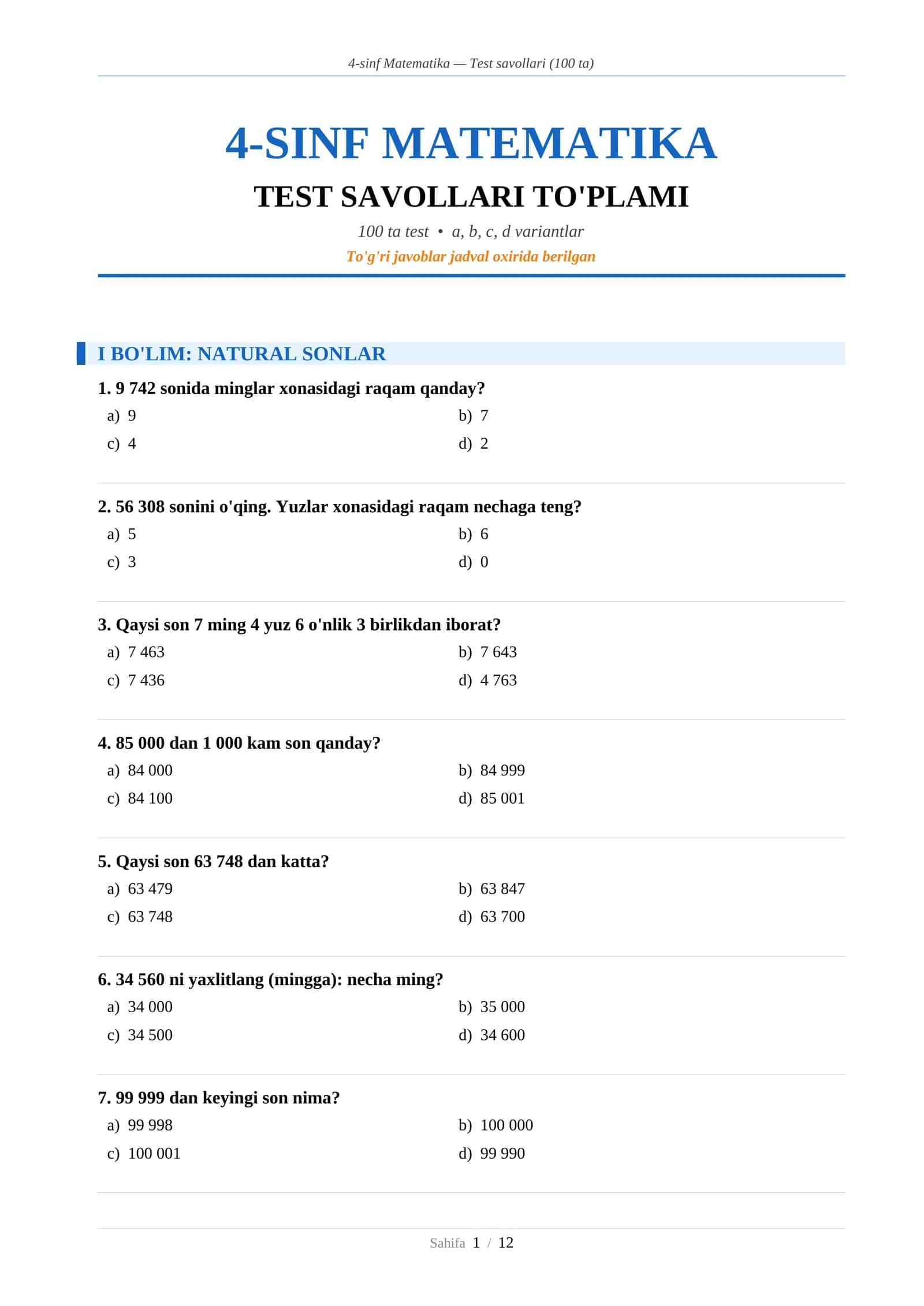 4-sinf Matematika β Test savollari (100 ta)