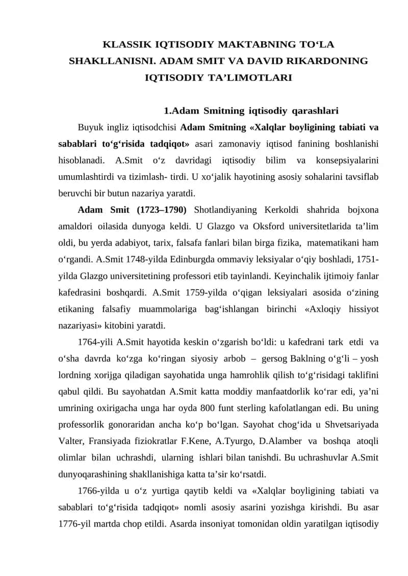 Adam Smitning iqtisodiy qarashlari