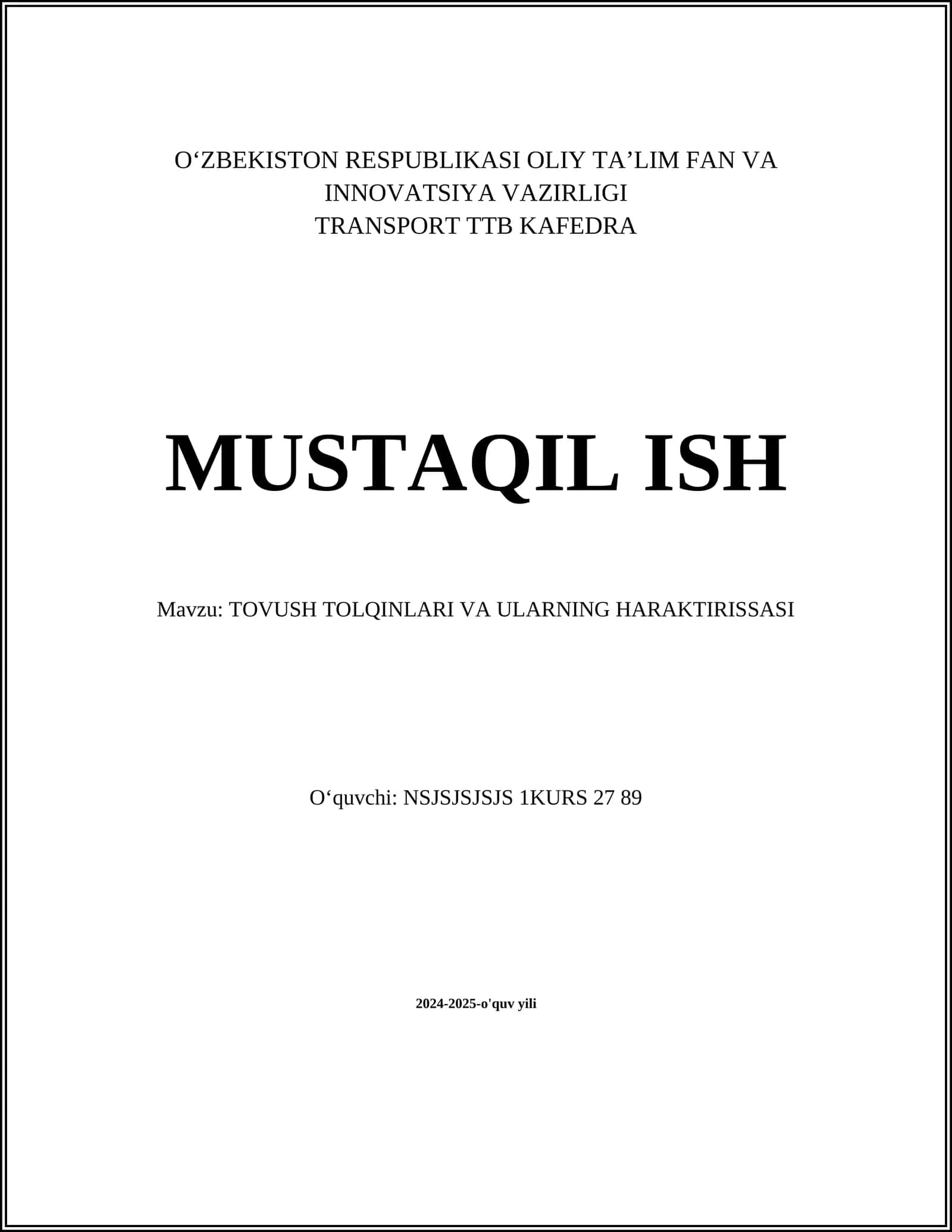 TOVUSH TOLQINLARI VA ULARNING HARAKTIRISSASI
