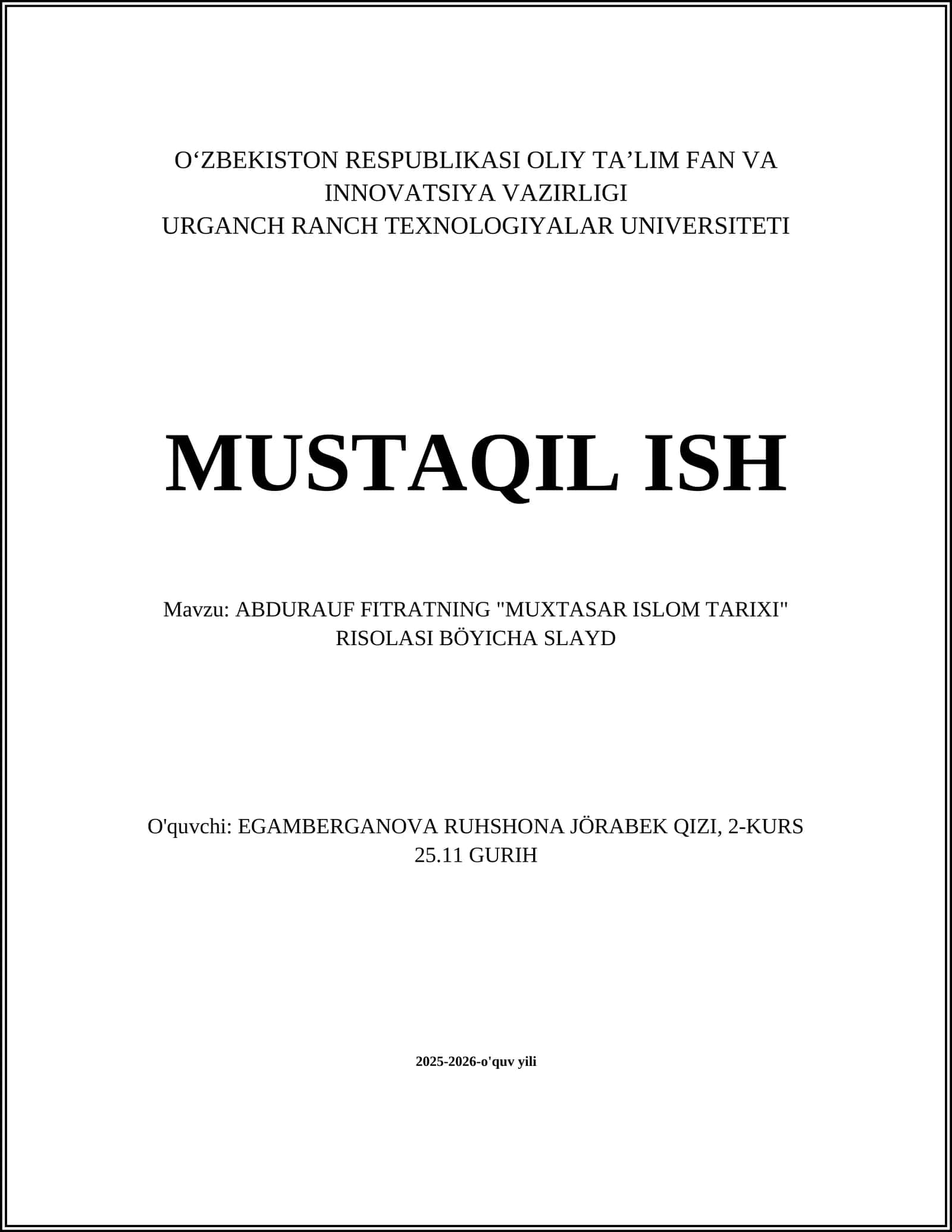 ABDURAUF FITRATNING "MUXTASAR ISLOM TARIXI" RISOLASI BÖYICHA SLAYD