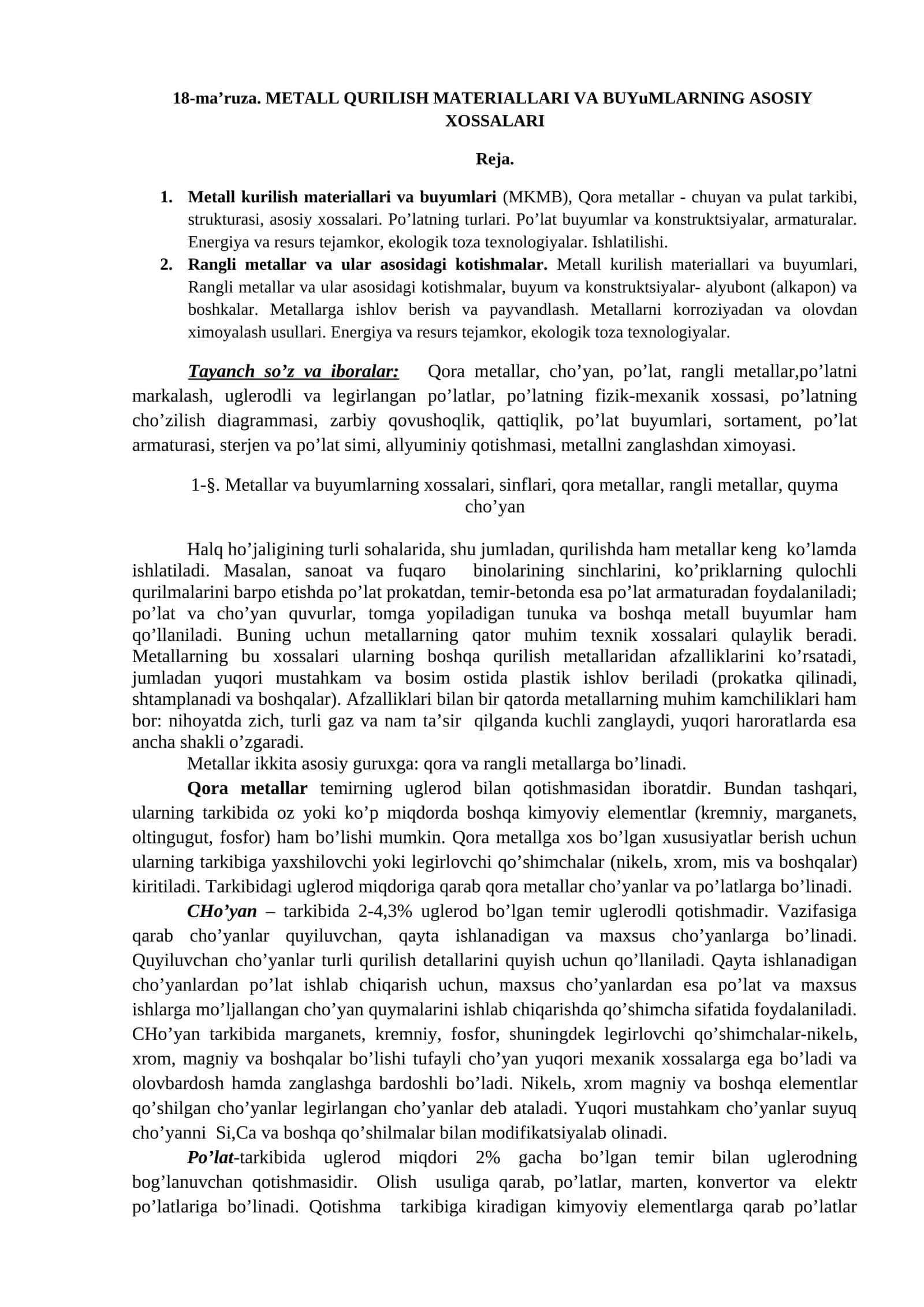METALL QURILISH MATERIALLARI VA BUYUMLARNING ASOSIY XOSSALARI