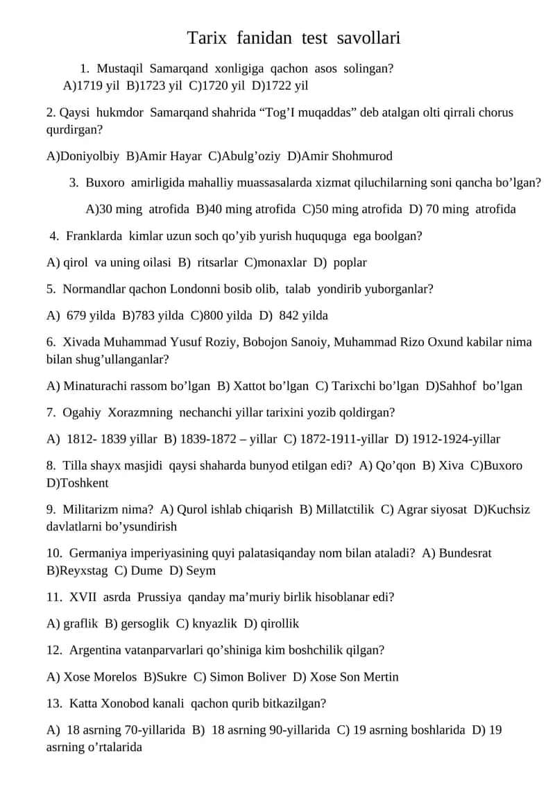 Tarix fanidan test savollari