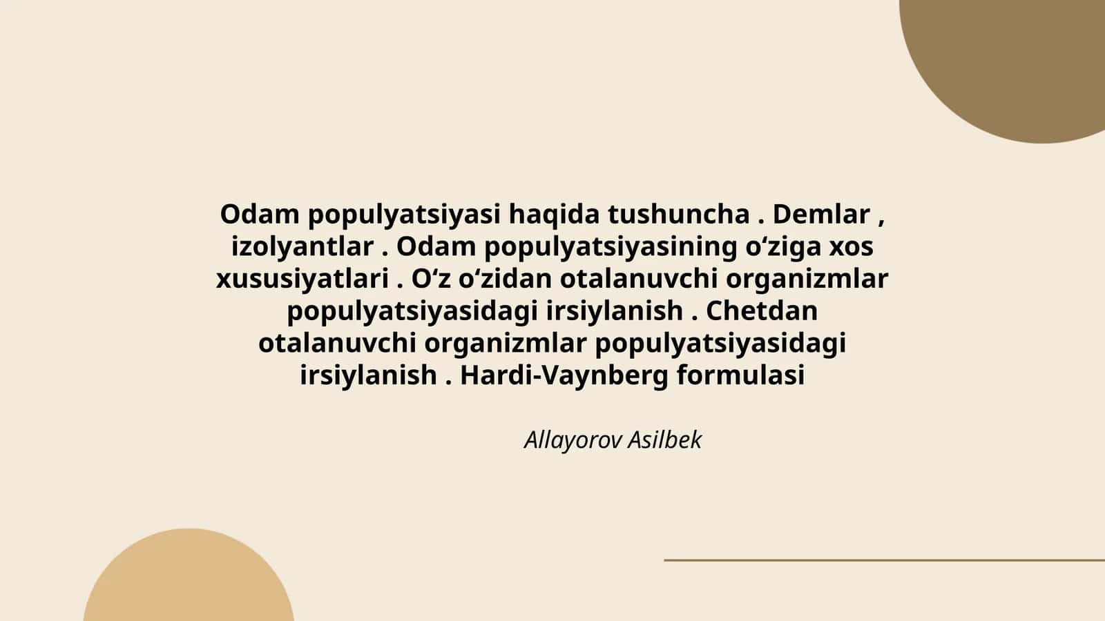 Odam populyatsiyasi haqida tushuncha. Demlar, izolyantlar