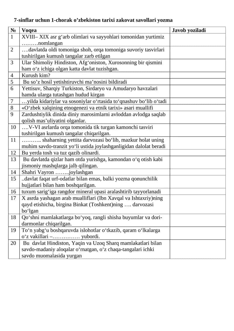 7-sinflar uchun 1-chorak o’zbekiston tarixi zakovat savollari yozma