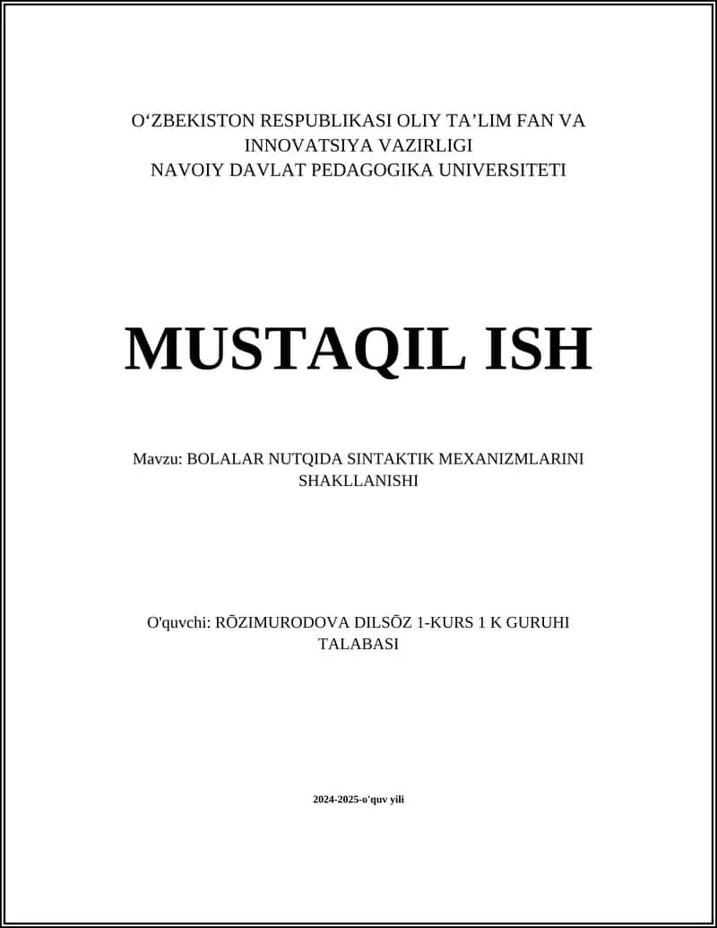 BOLALAR NUTQIDA SINTAKTIK MEXANIZMLARINI SHAKLLANISHI