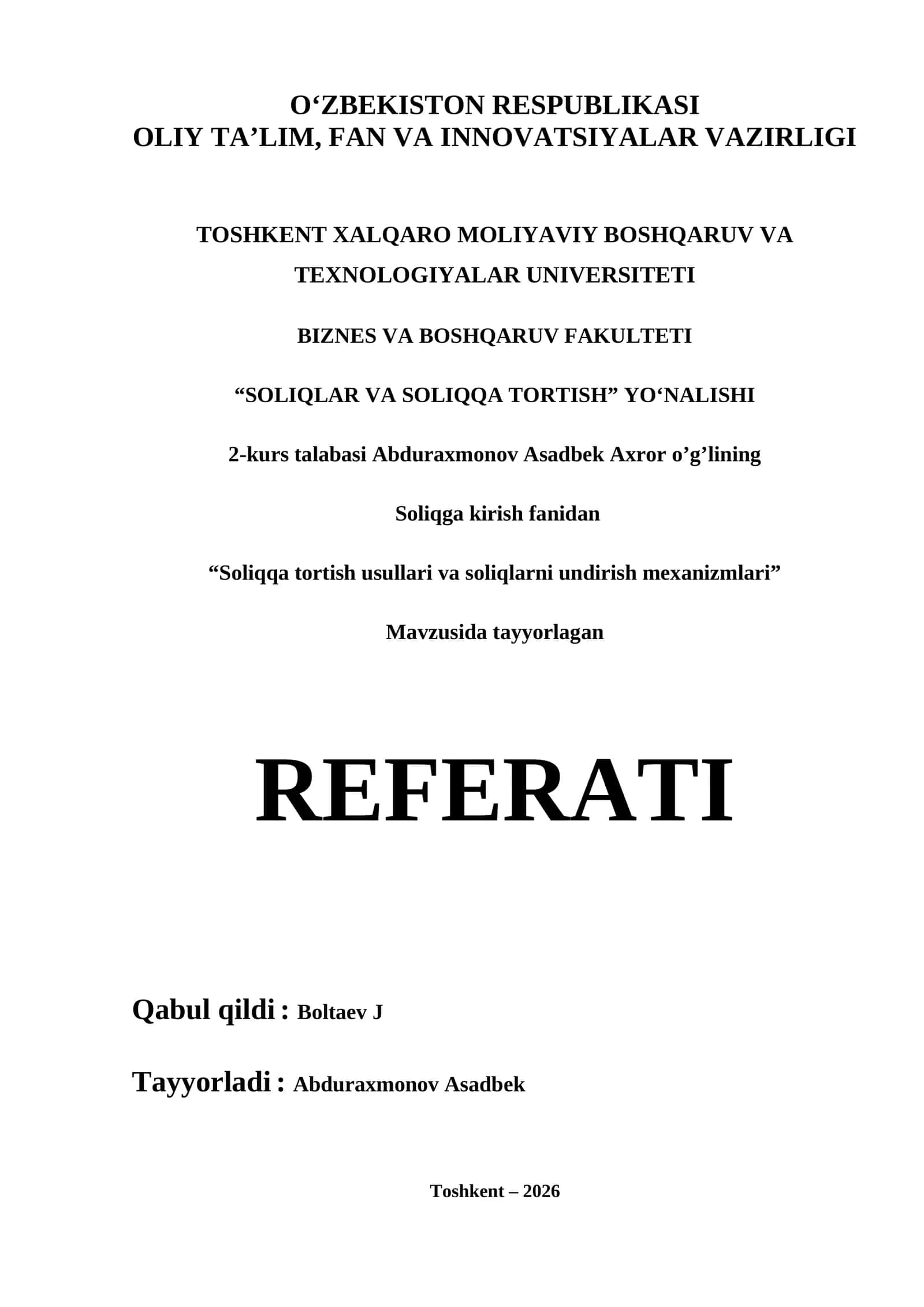 Soliqga kirish fanidan REFERATI