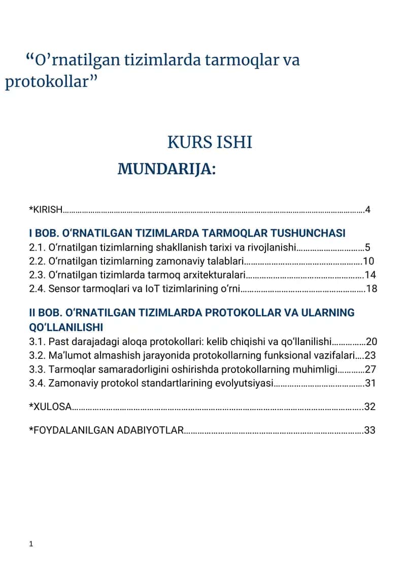 O'rnatilgan tizimlarda tarmoqlar va protokollar