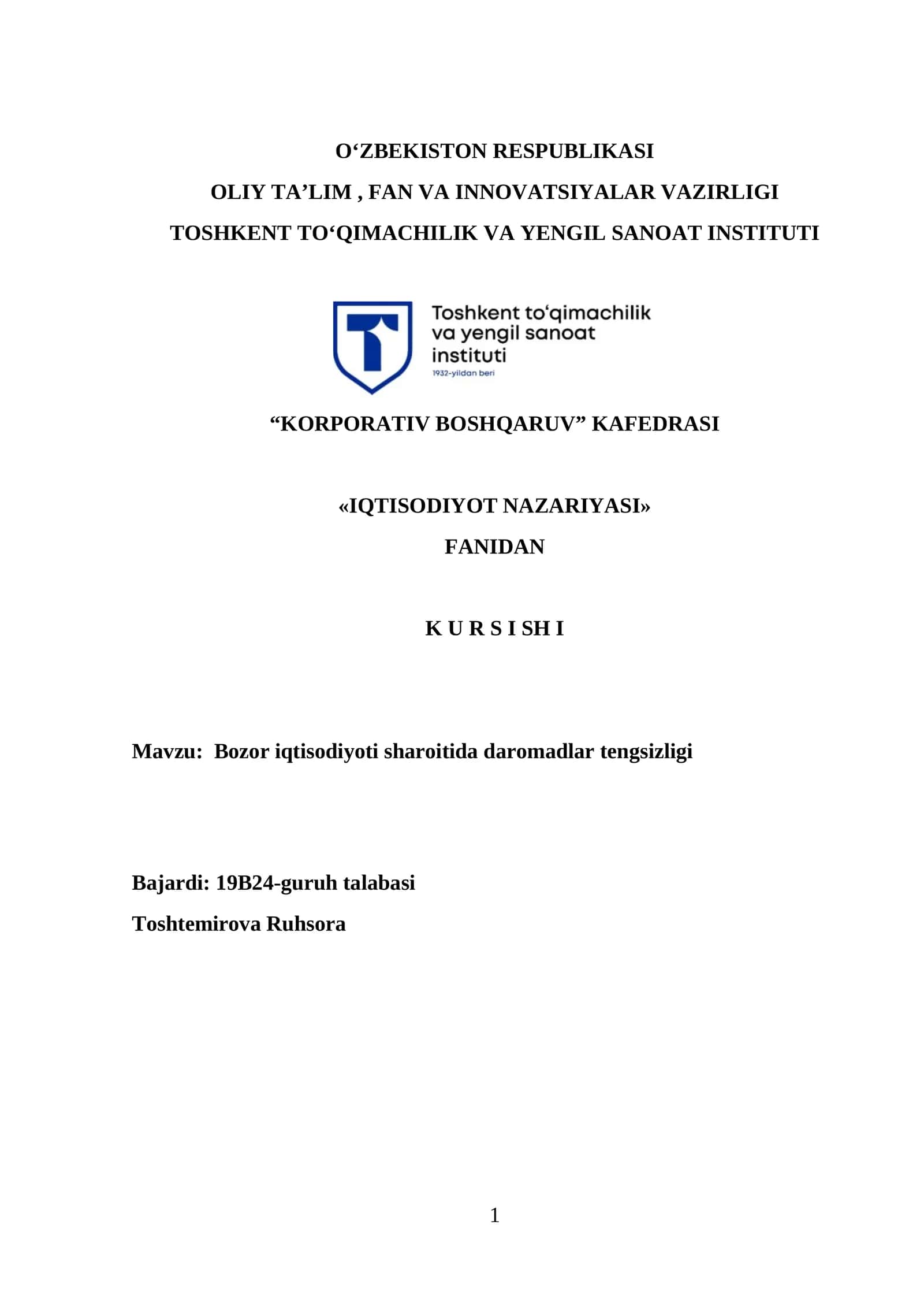 Bozor iqtisodiyoti sharoitida daromadlar tengsizligi
