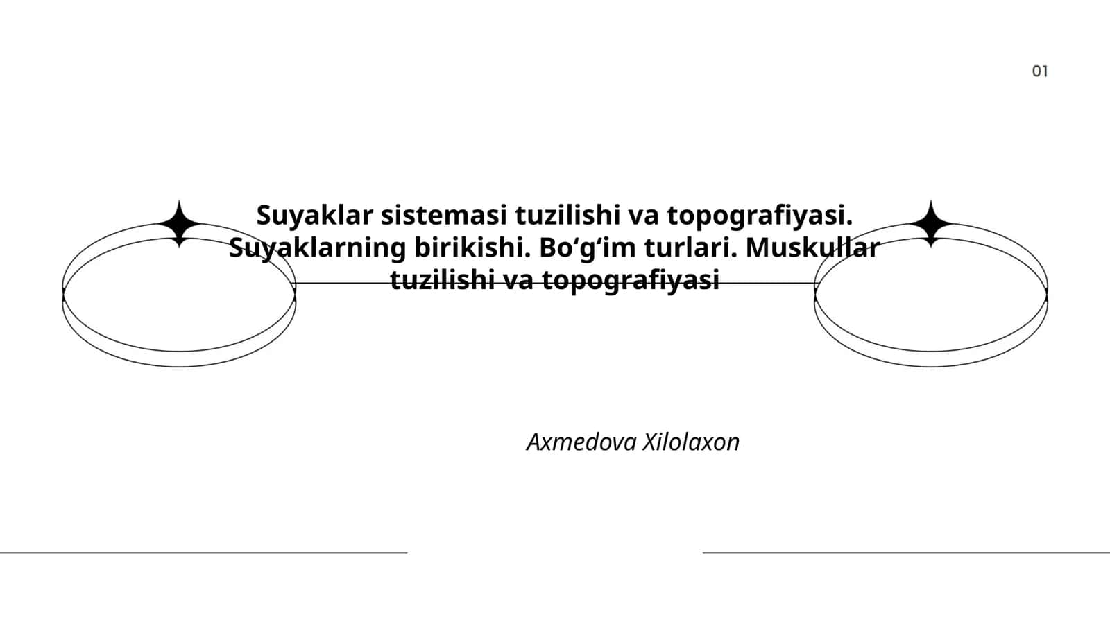 Suyaklar sistemasi tuzilishi va topografiyasi. Suyaklarning birikishi. Boʻgʻim turlari. Muskullar tuzilishi va topografiyasi