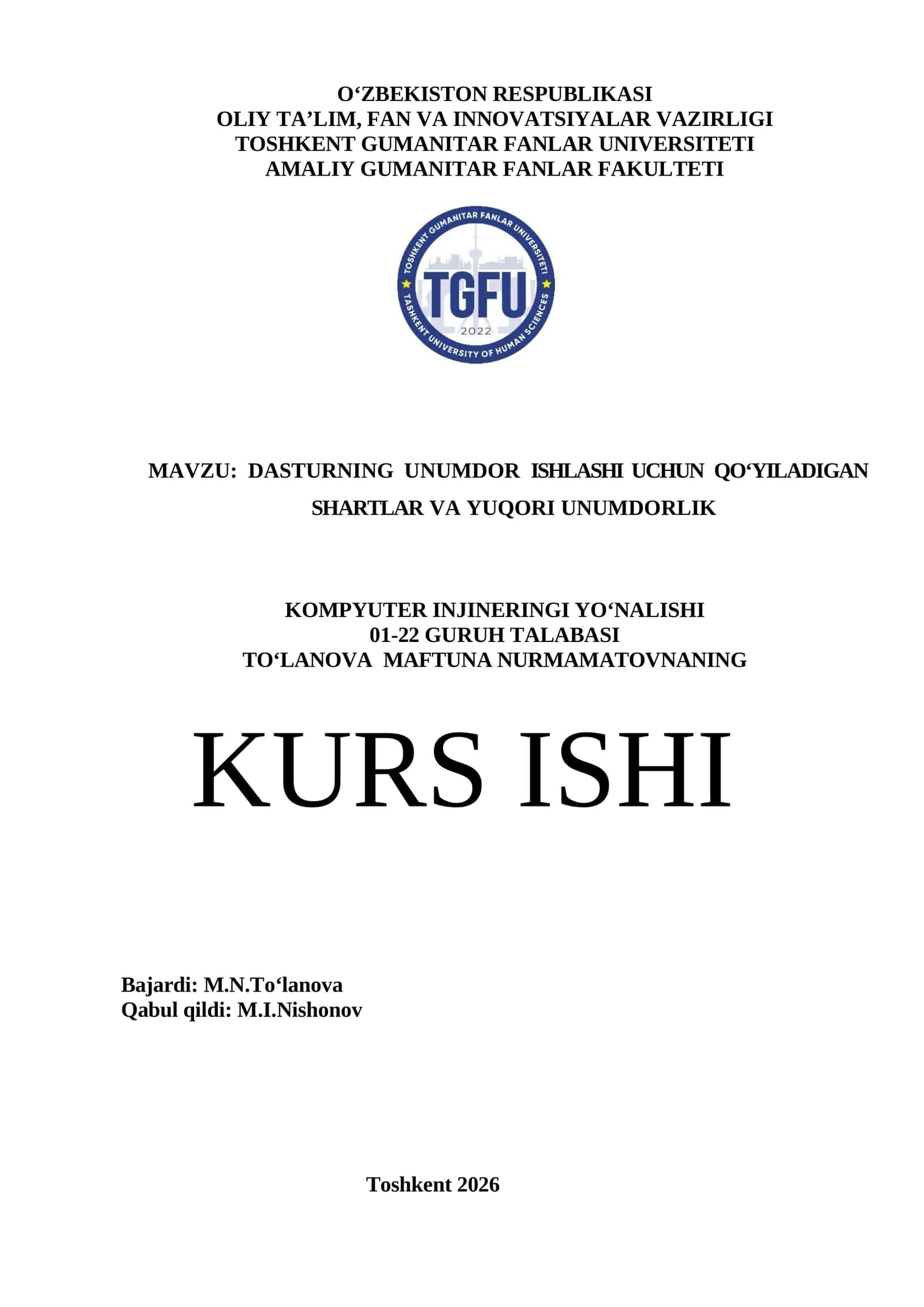 DASTURNING UNUMDOR ISHLASHI UCHUN QO‘YILADIGAN SHARTLAR VA YUQORI UNUMDORLIK KOMPYUTER INJINERINGI YO‘NALISHI