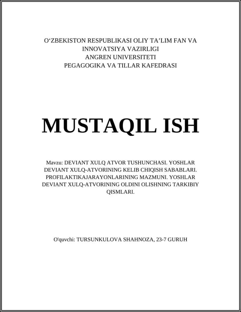 DEVIANT XULQ ATVOR TUSHUNCHASI