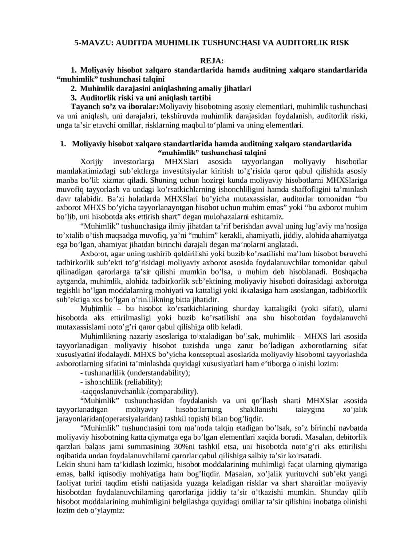 AUDITDA MUHIMLIK TUSHUNCHASI VA AUDITORLIK RISK