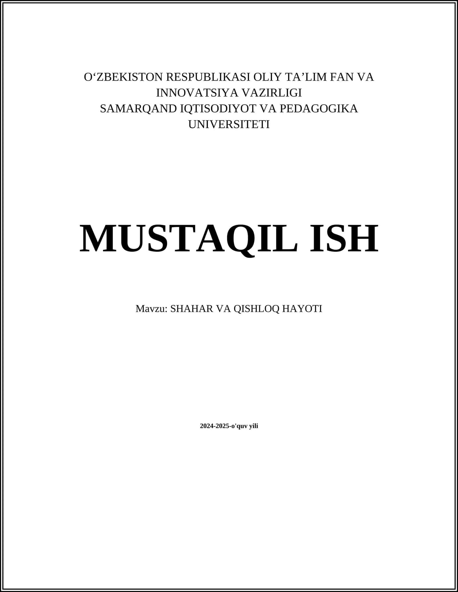 SHAHAR VA QISHLOQ HAYOTI