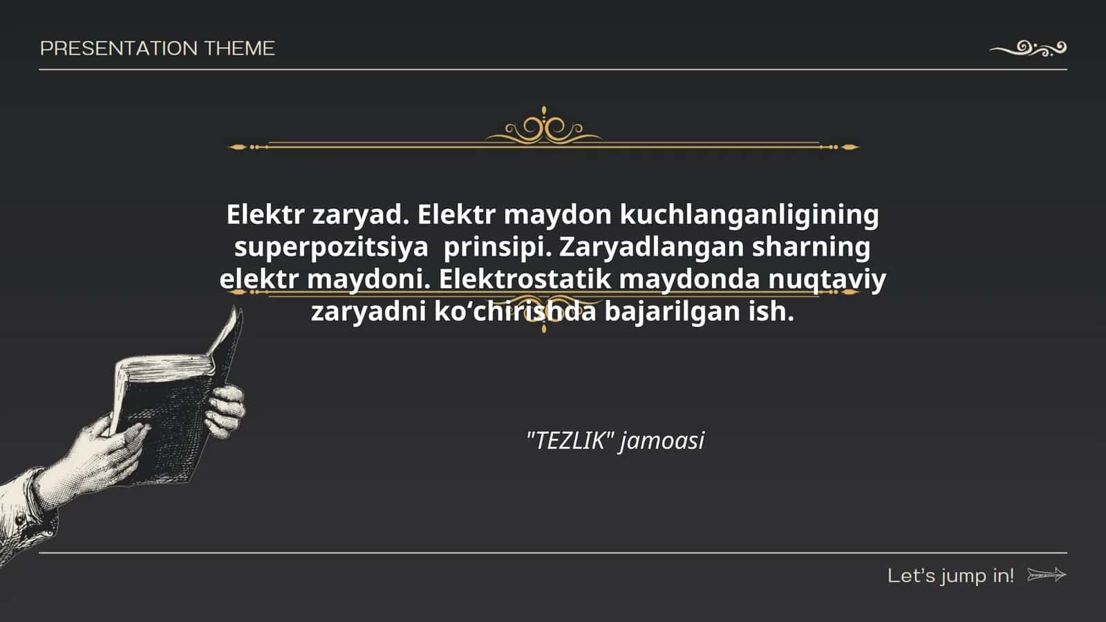 Elektr zaryad. Elektr maydon kuchlanganligining superpozitsiya prinsipi. Zaryadlangan sharning elektr maydoni. Elektrostatik maydonda nuqtaviy zaryadni koʻchirishda bajarilgan ish