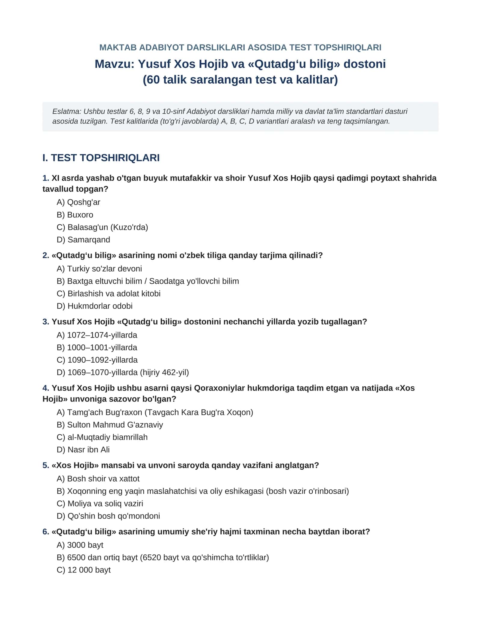 Yusuf Xos Hojib va «Qutadgʻu bilig» dostoni (60 talik saralangan test va kalitlar)
