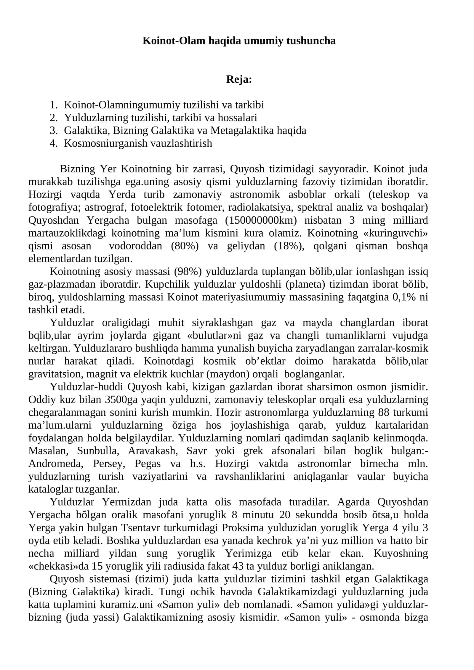Koinot-Olam haqida umumiy tushuncha