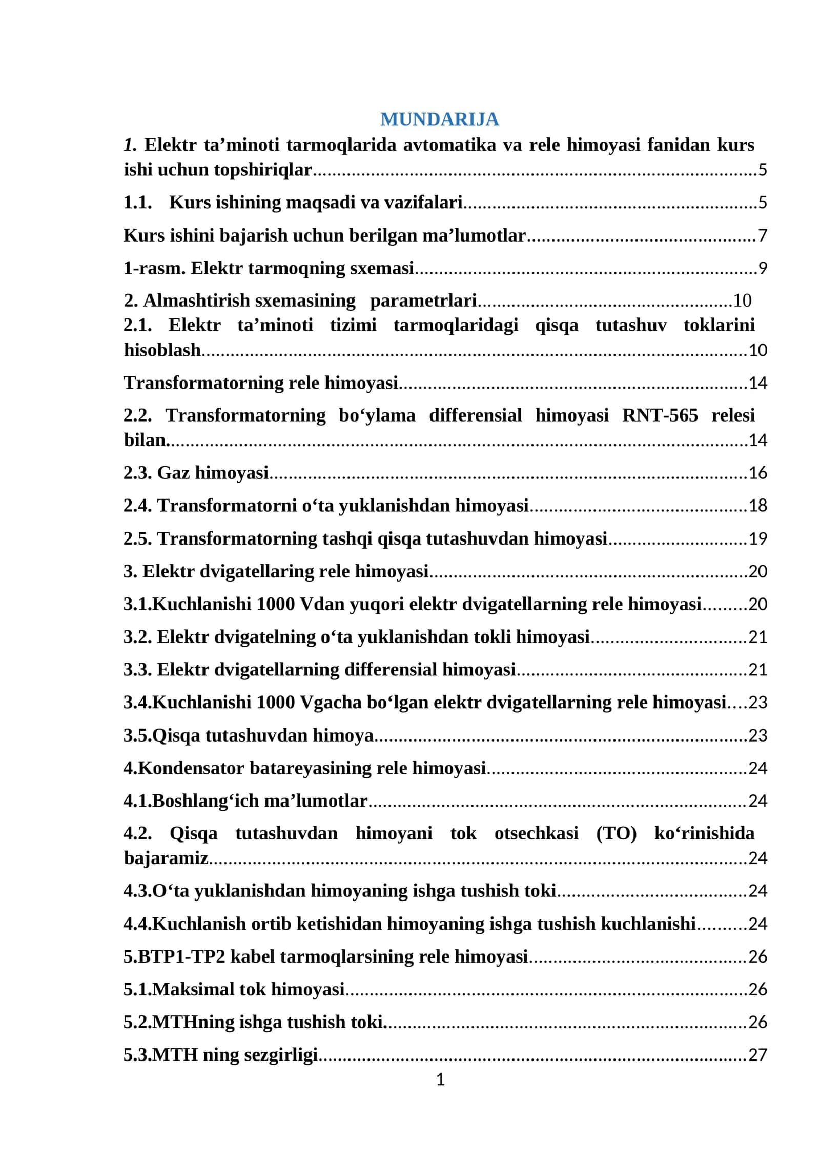 Elektr ta’minoti tarmoqlarida avtomatika va rele himoyasi fanidan kurs ishi topshiriqlar