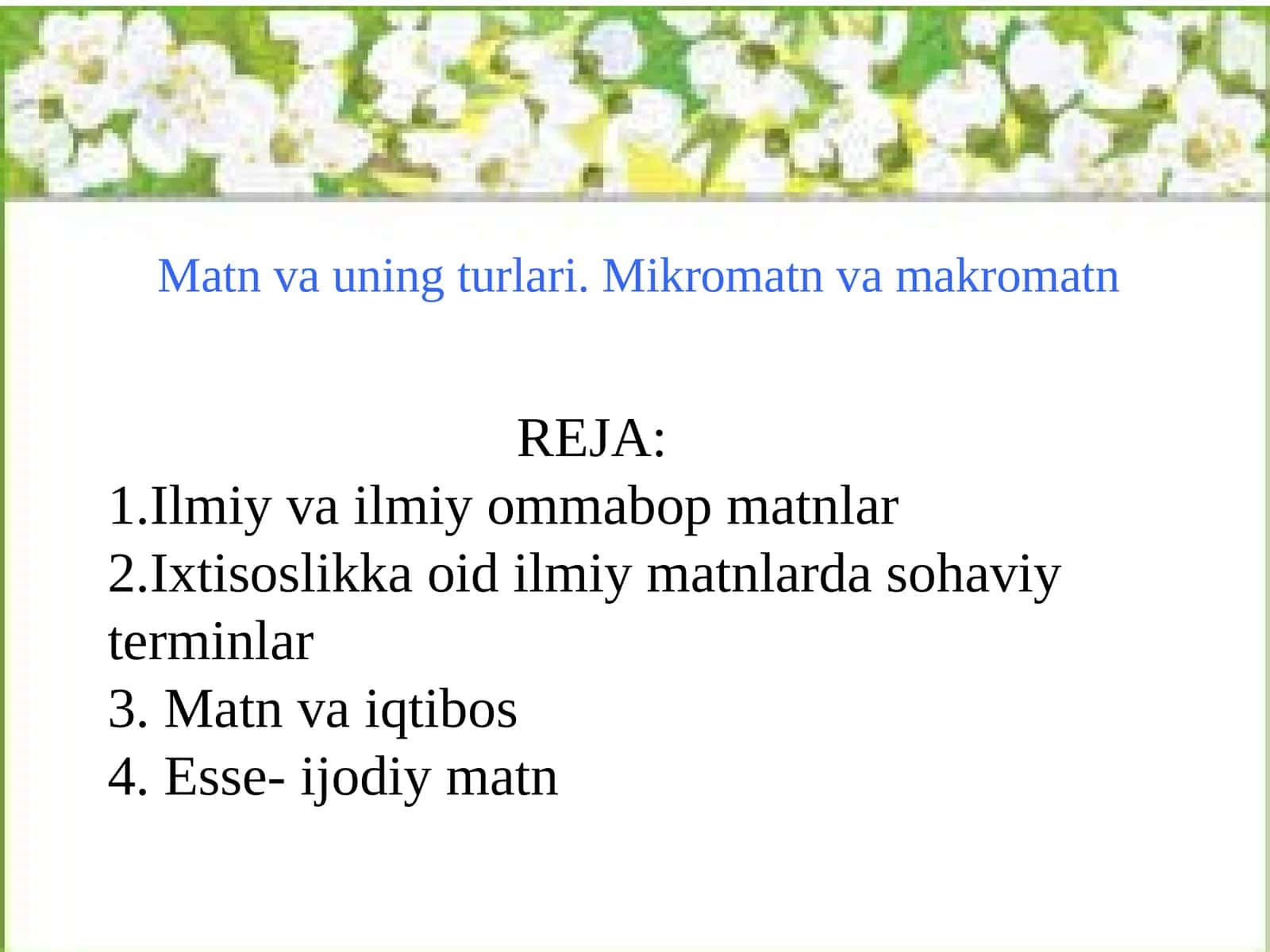 Matn va uning turlari. Mikromatn va makromatn