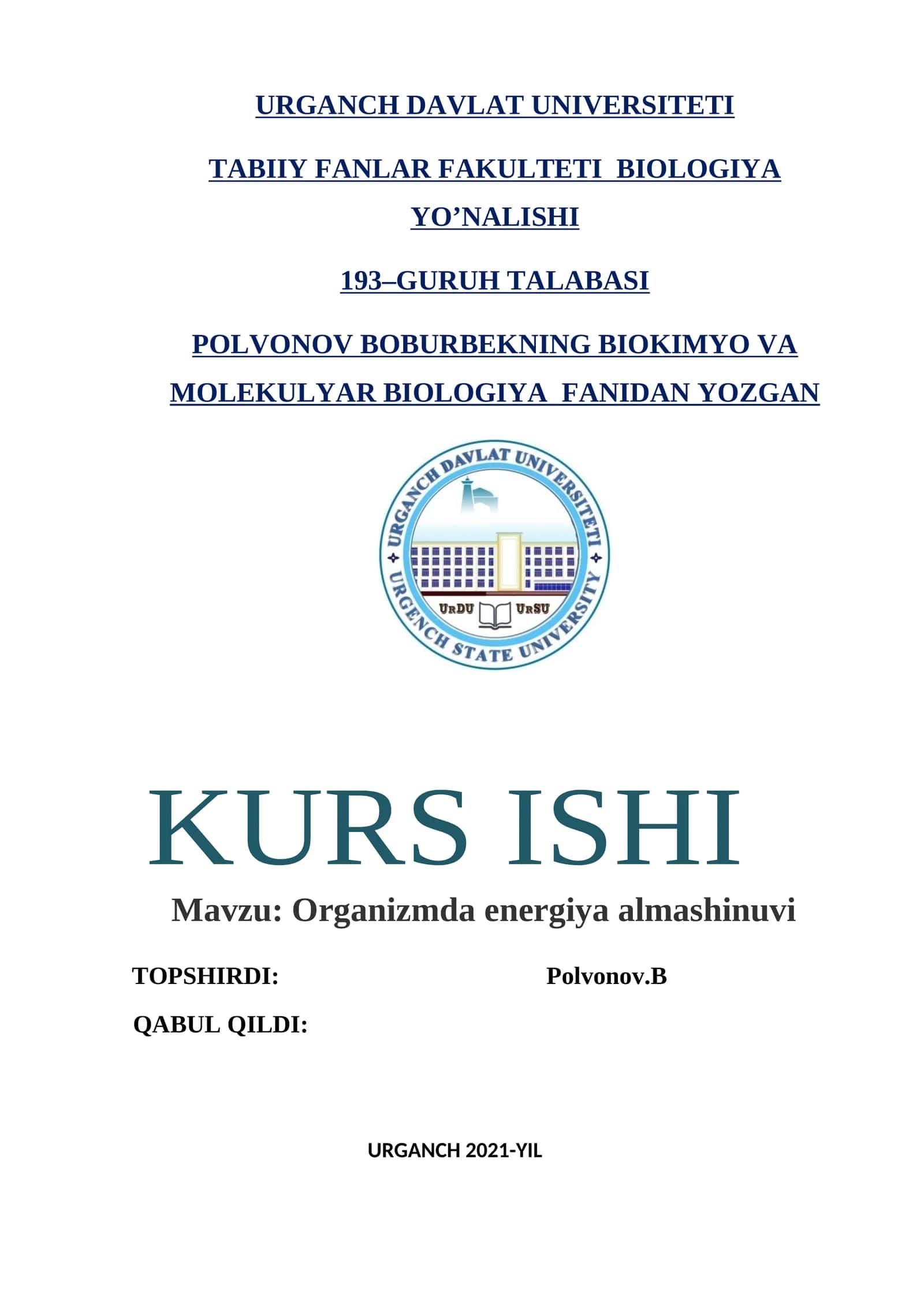 Organizmda energiya almashinuvi