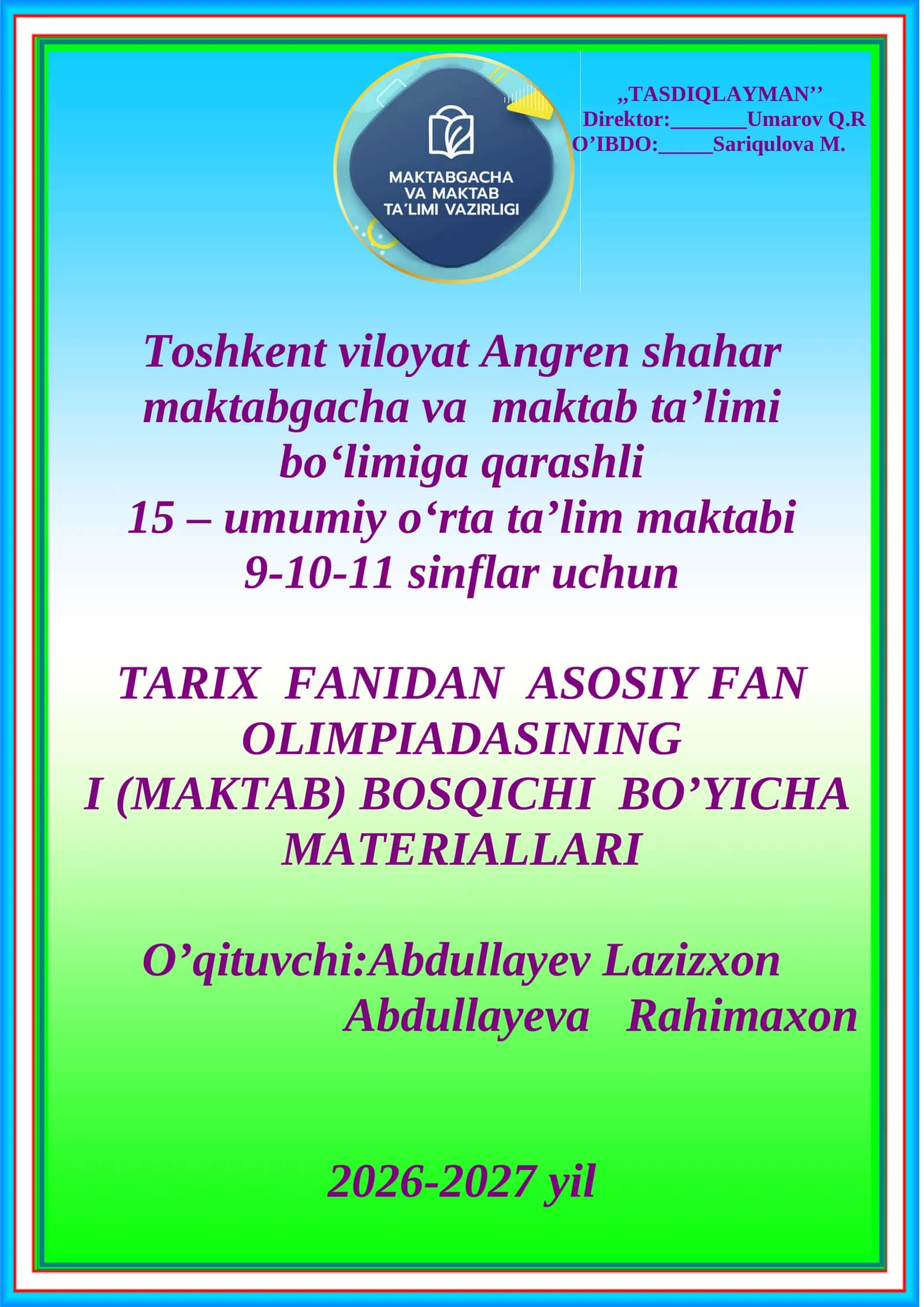 TARIX FANIDAN ASOSIY FAN OLIMPIADASINING