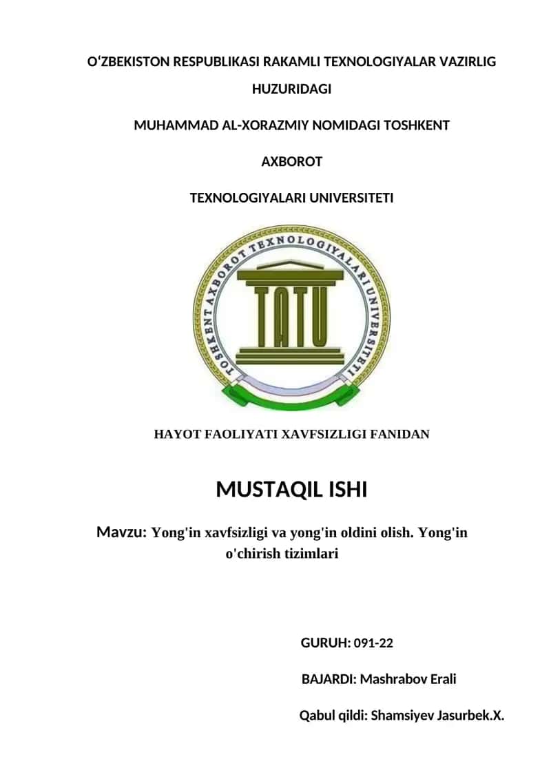 Yong'in xavfsizligi va yong'in oldini olish. Yong'in o'chirish tizimlari