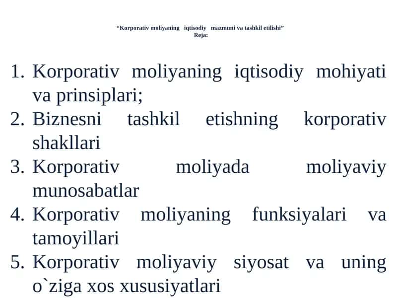 Korporativ moliyaning iqtisodiy mazmuni va tashkil etilishi