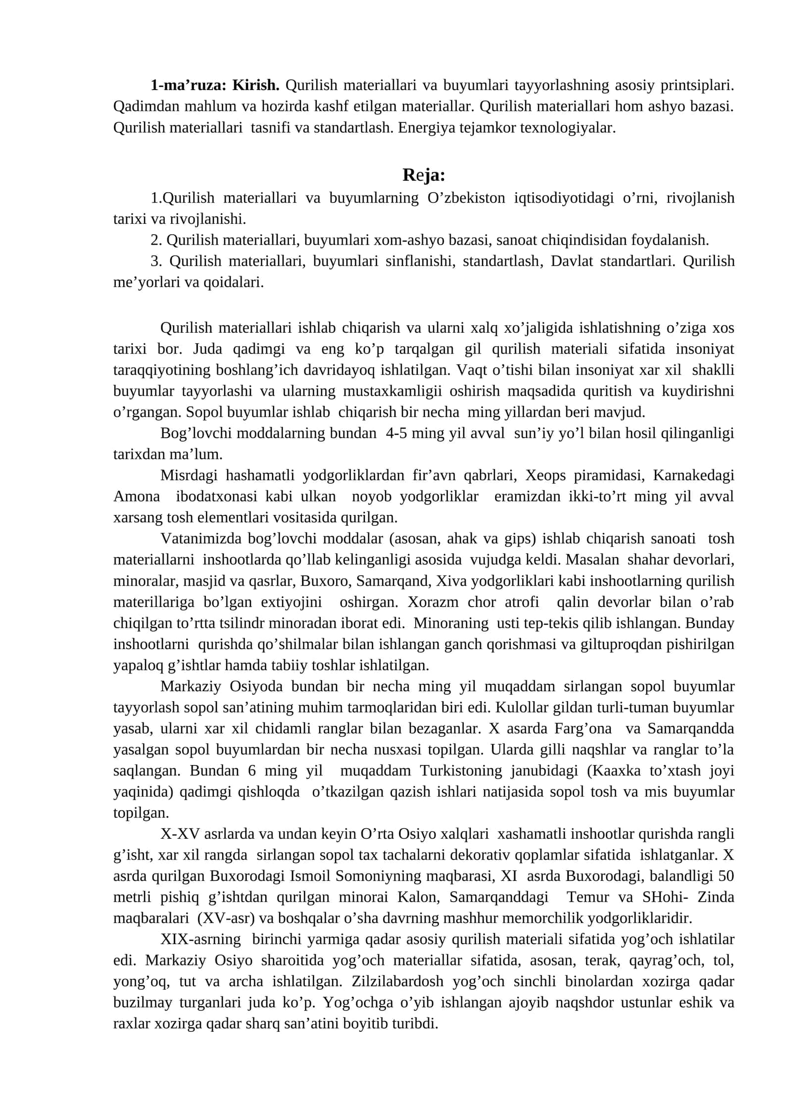 Qurilish Materiallari va Buyumlari Tayyorlash