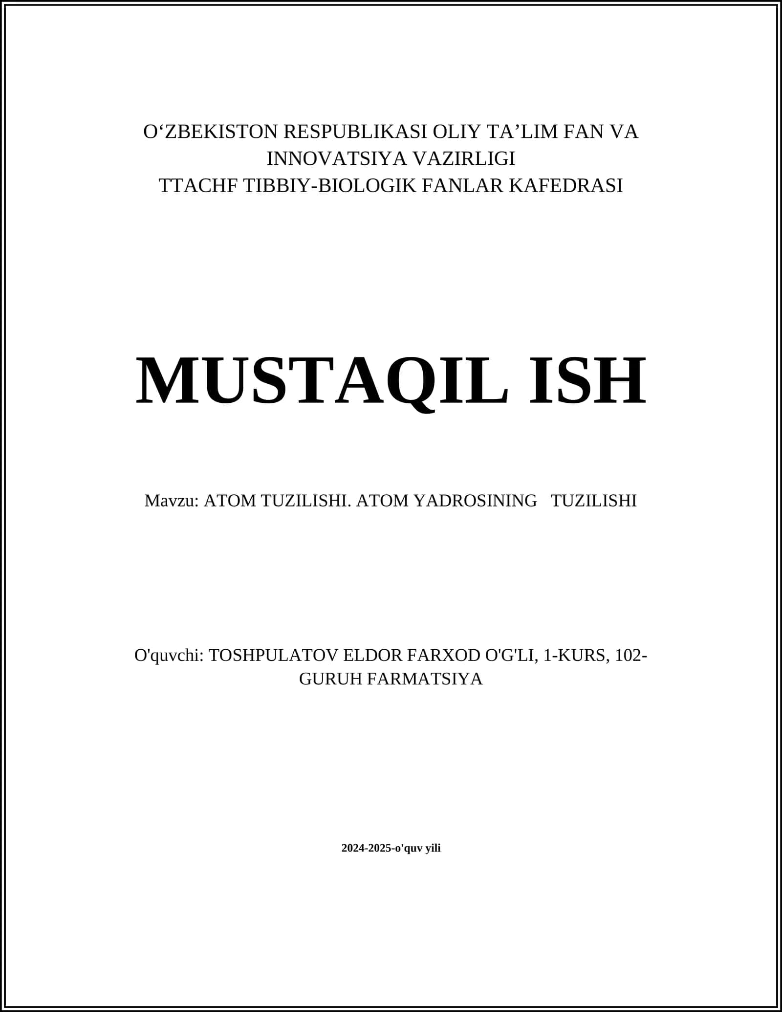 ATOM TUZILISHI. ATOM YADROSINING TUZILISHI