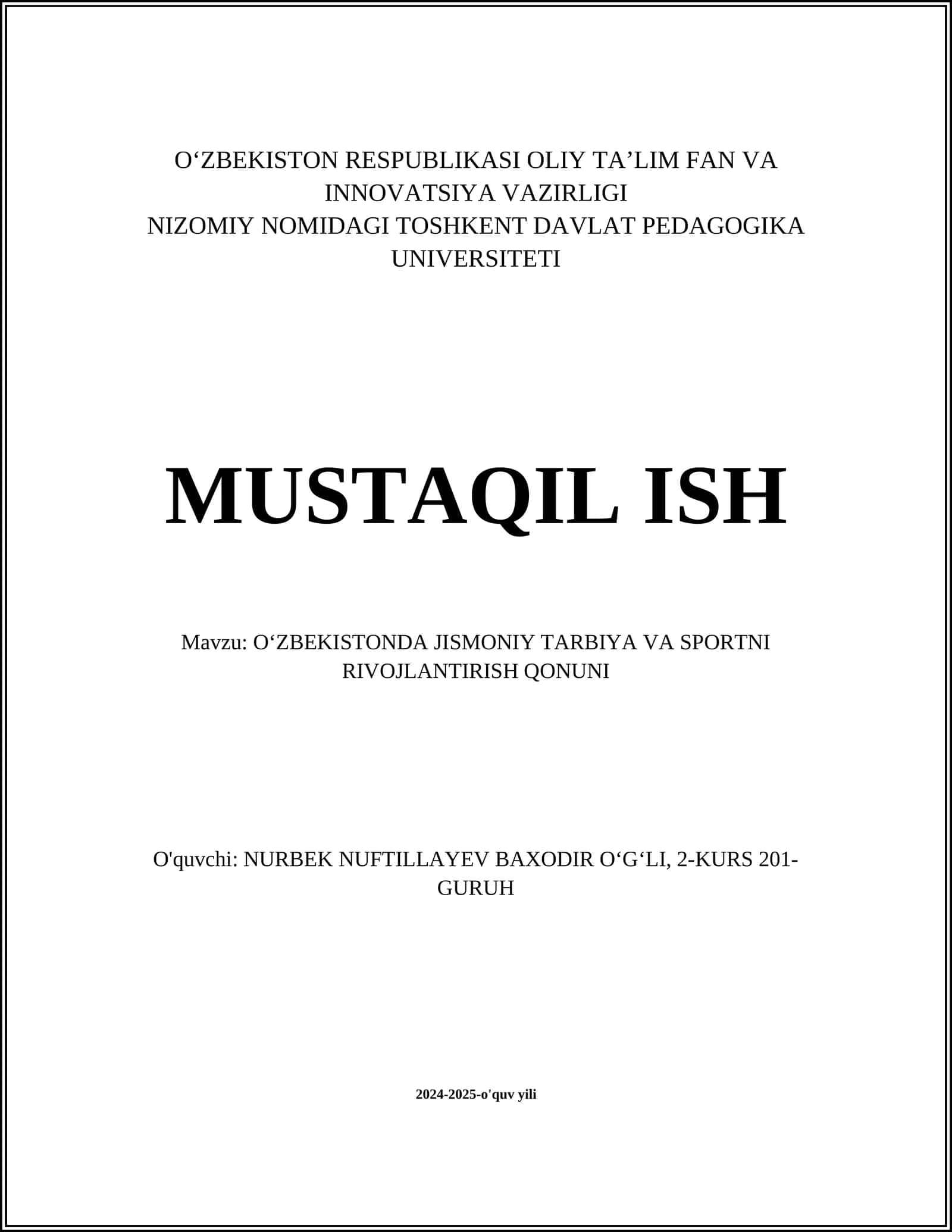 OʻZBEKISTONDA JISMONIY TARBIYA VA SPORTNI RIVOJLANTIRISH QONUNI