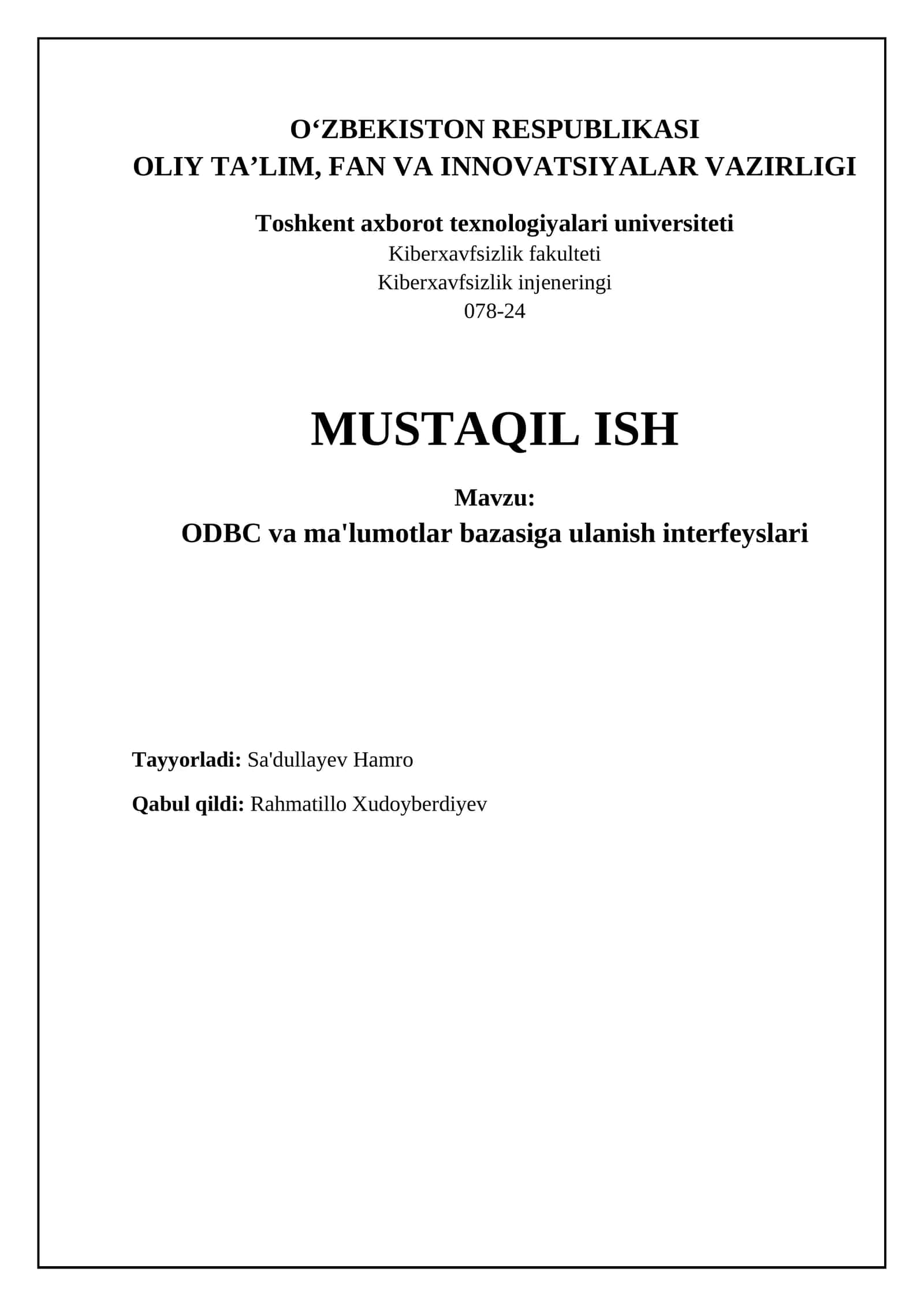 ODBC va ma'lumotlar bazasiga ulanish interfeyslari