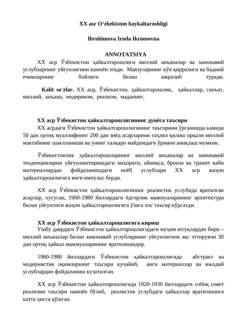 XX asr O‘zbekiston haykaltaroshligi