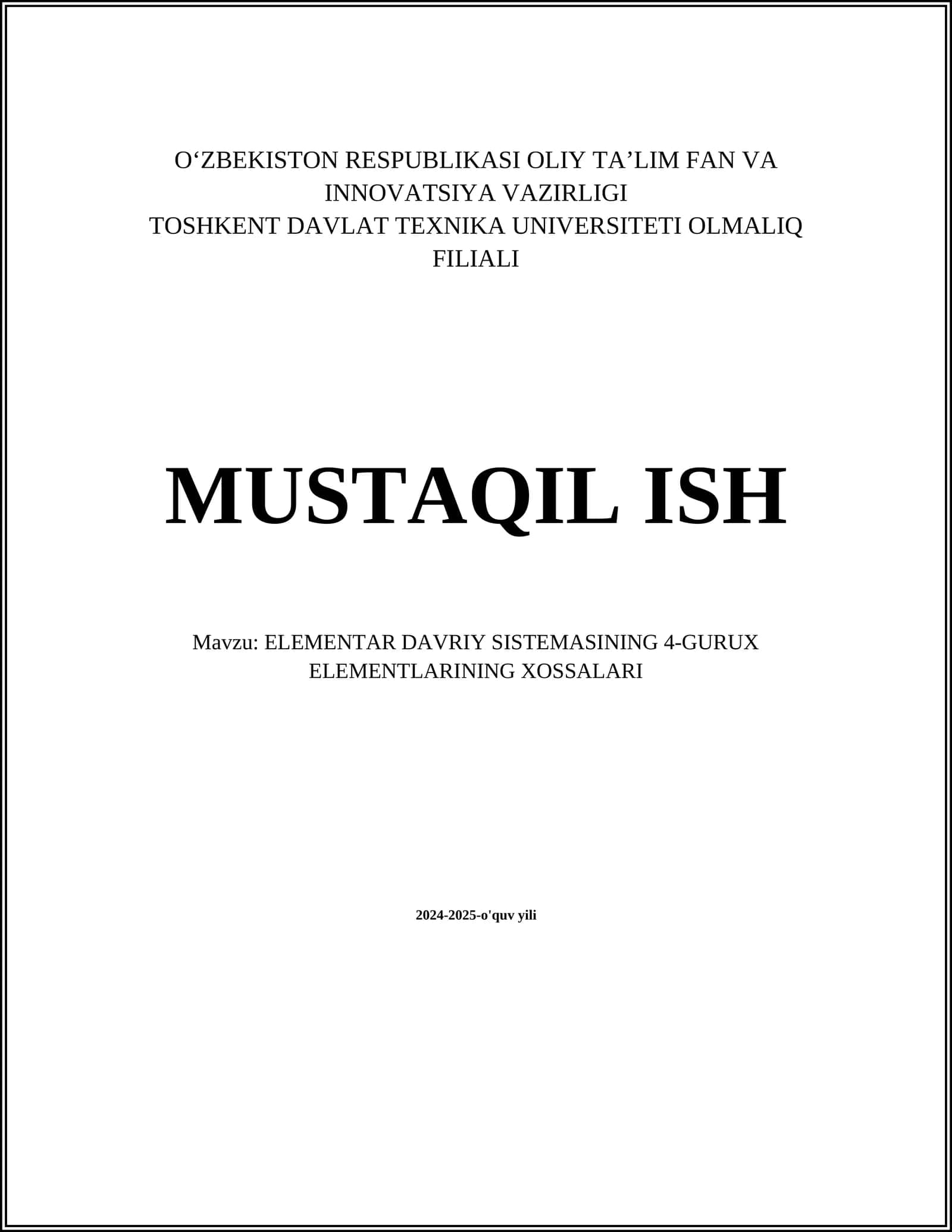 ELEMENTAR DAVRIY SISTEMASINING 4-GURUX ELEMENTLARINING XOSSALARI