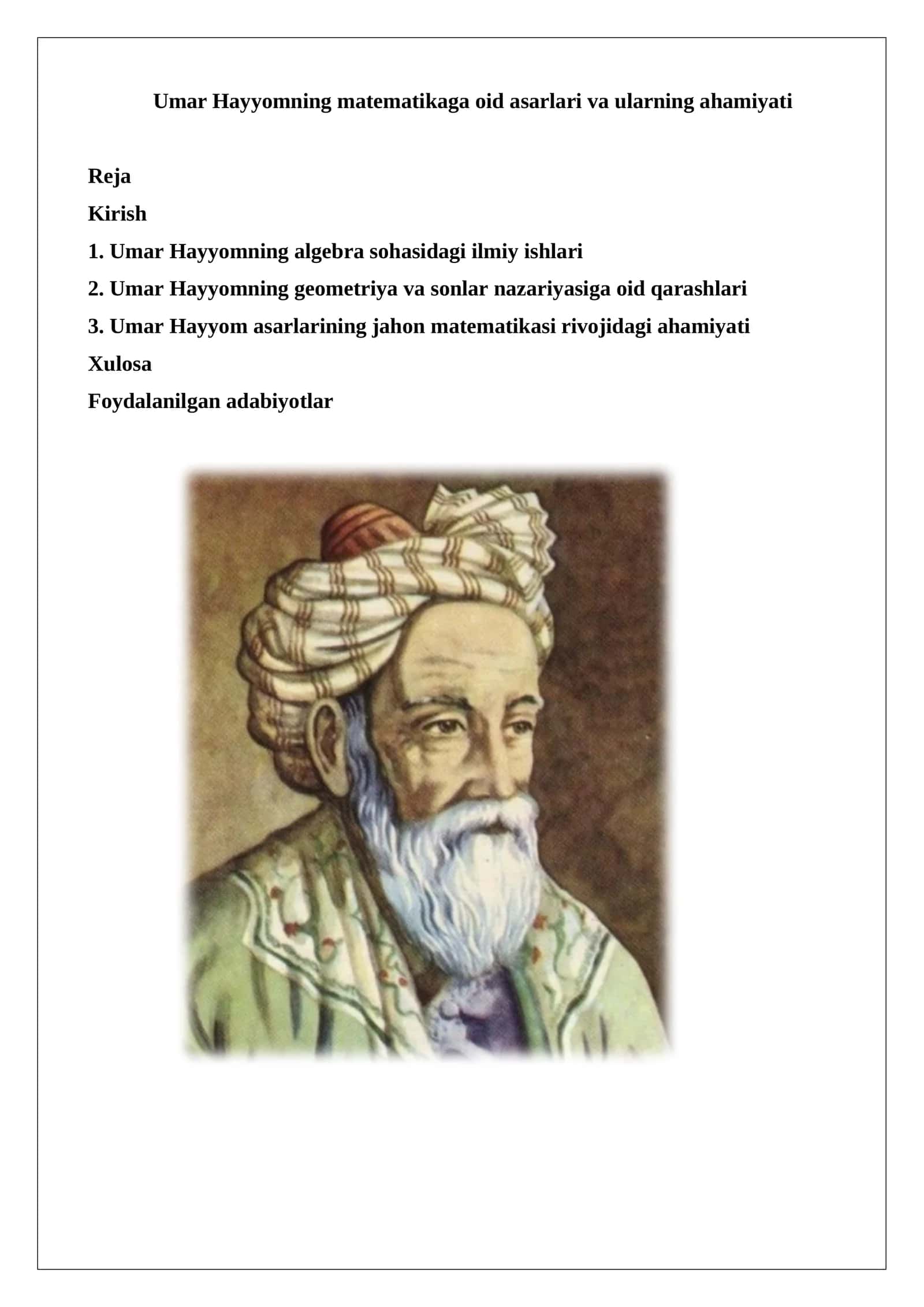 Umar Hayyomning matematikaga oid asarlari va ularning ahamiyati