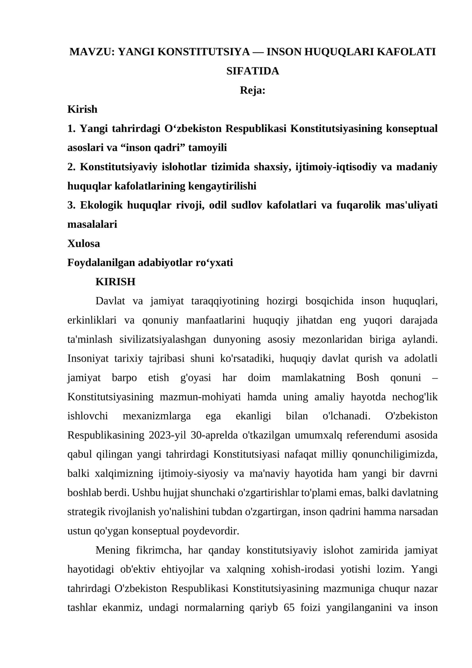 YANGI KONSTITUTSIYA — INSON HUQUQLARI KAFOLATI SIFATIDA