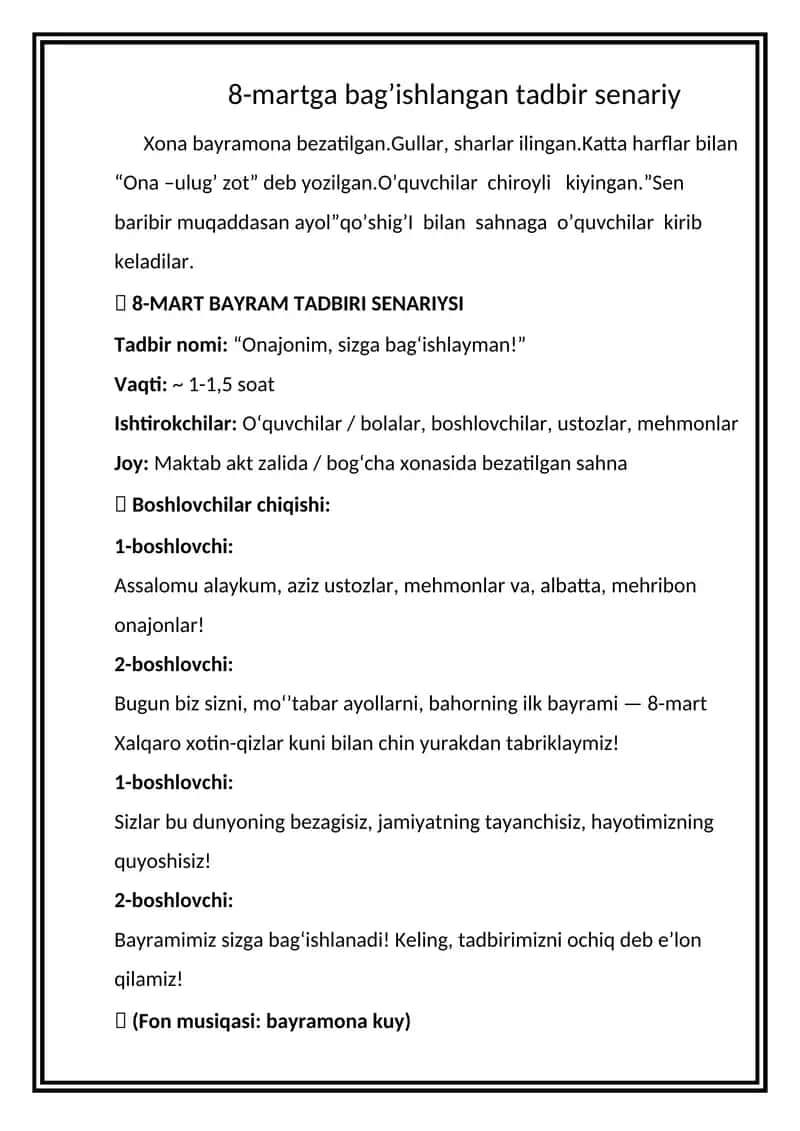 8-mart bayram tadbiri senariysi