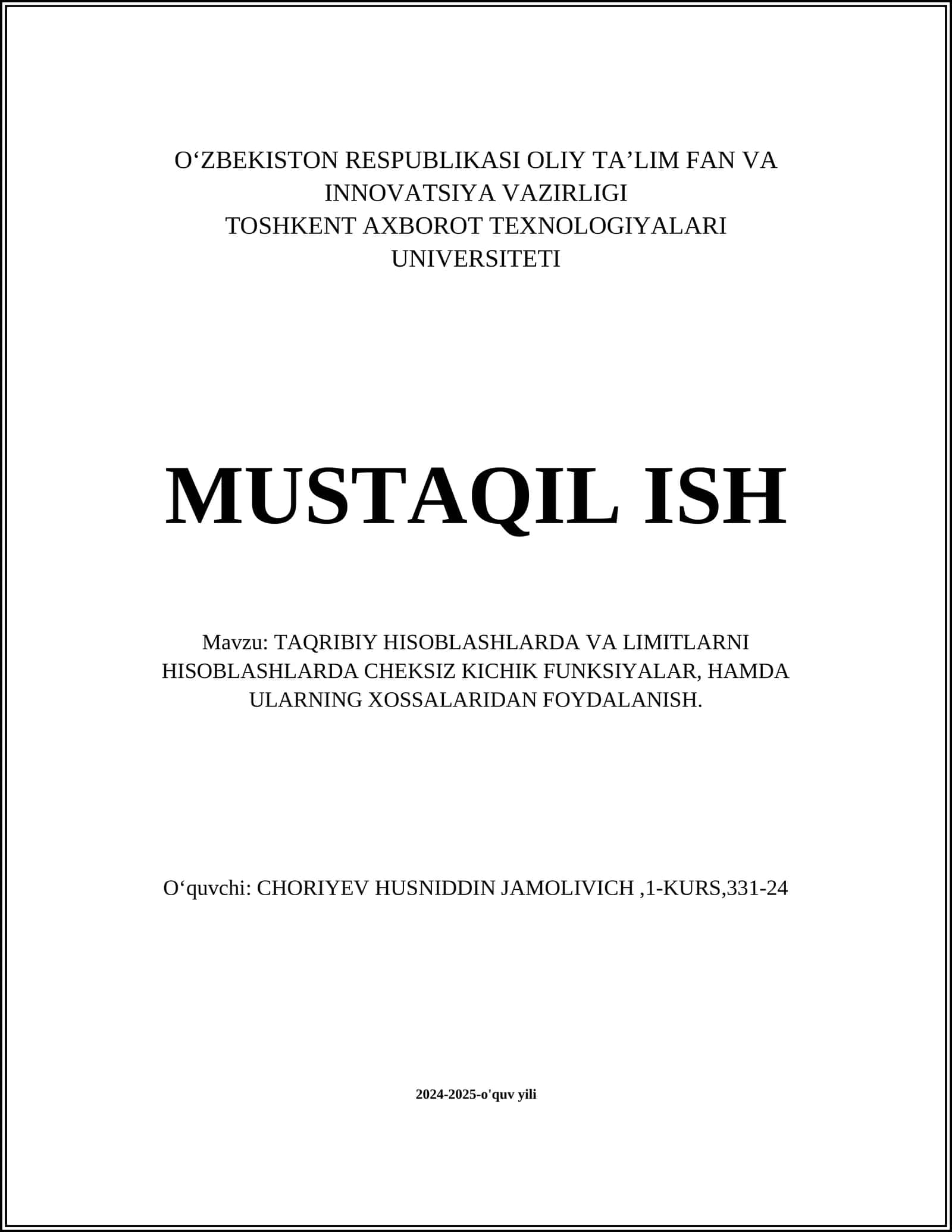 TAQRIBIY HISOBLASHLARDA VA LIMITLARNI HISOBLASHLARDA CHEKSIZ KICHIK FUNKSIYALAR