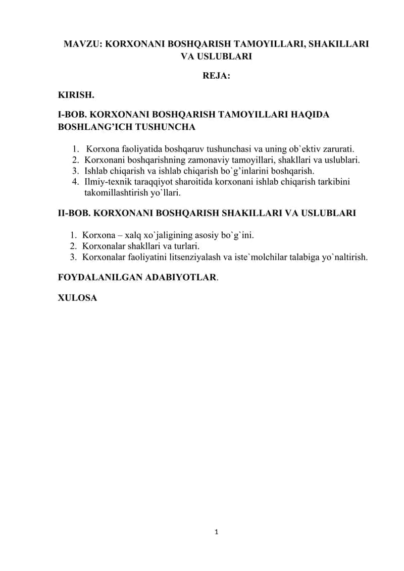 Korxonani boshqarish tamoyillari, shakillari va uslublari
