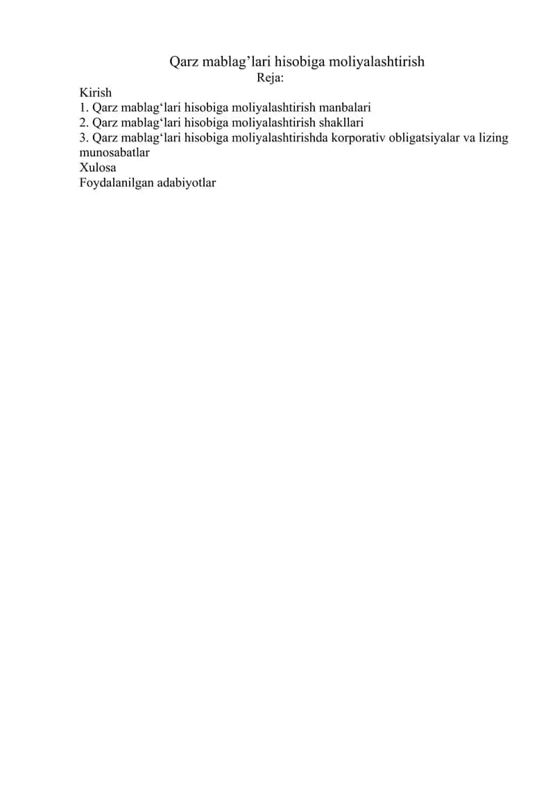 Qarz mablag’lari hisobiga moliyalashtirish