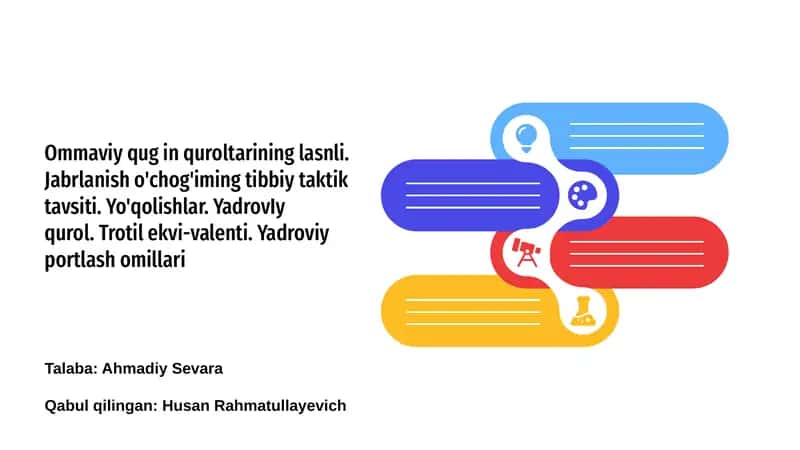 Ommaviy qug in quroltarining lasnli. Jabrlanish o'chog'iming tibbiy taktik tavsiti. Yo'qolishlar. YadrovIy qurol. Trotil ekvi-valenti. Yadroviy portlash omillari