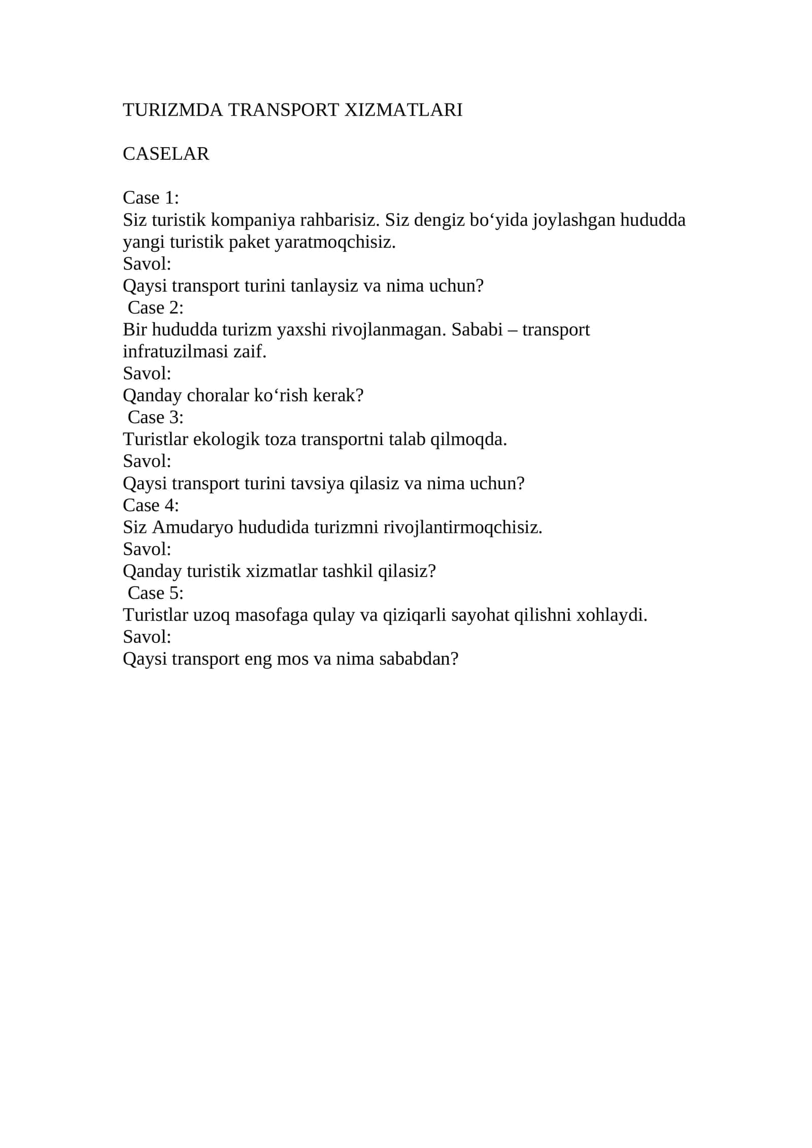 TURIZMDA TRANSPORT XIZMATLARI