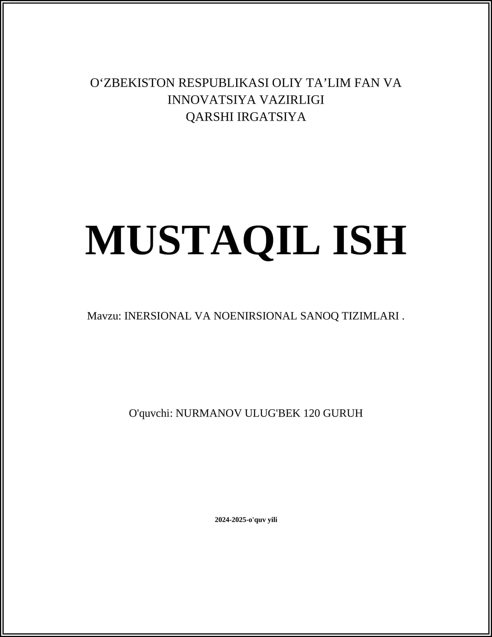 INERSIONAL VA NOENIRSIONAL SANOQ TIZIMLARI