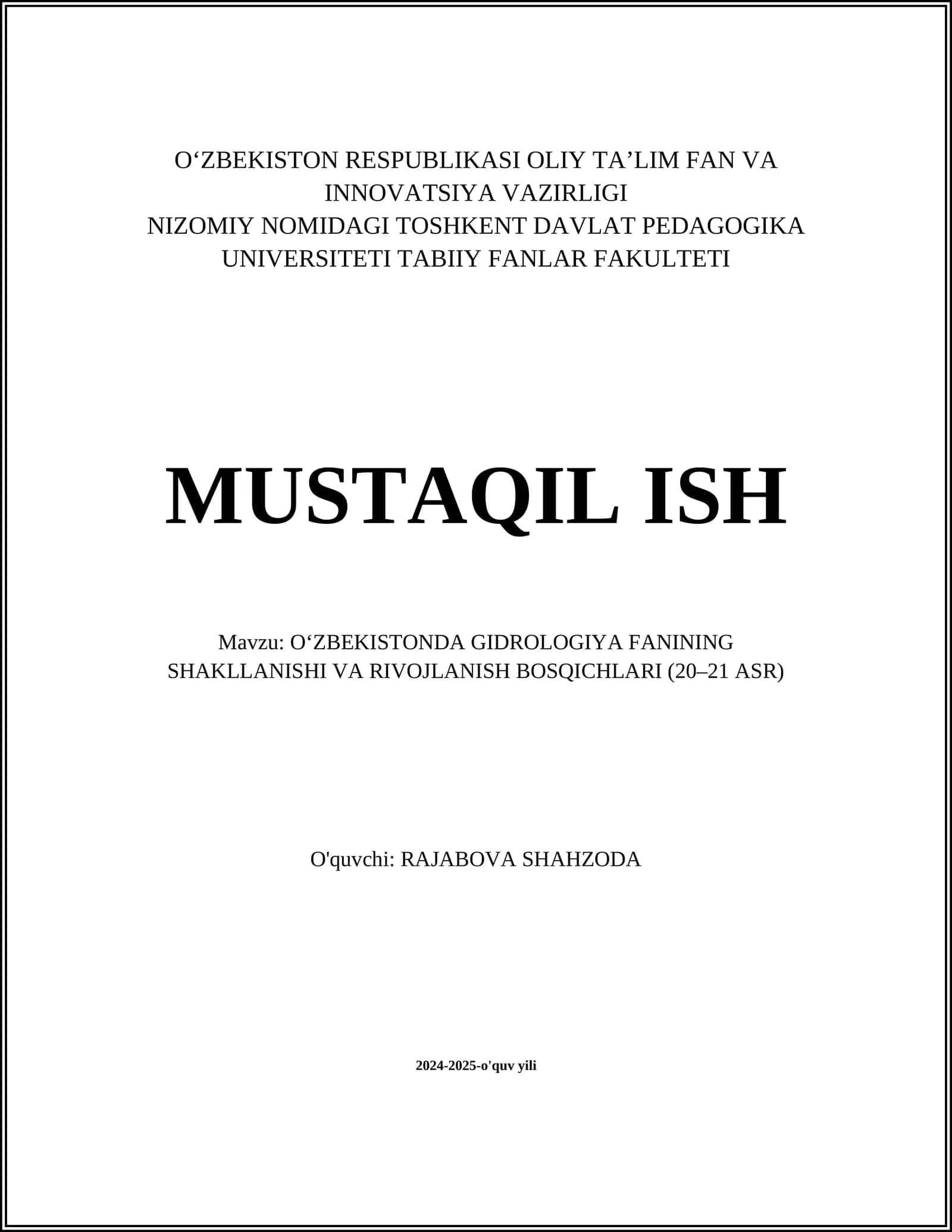 OʻZBEKISTONDA GIDROLOGIYA FANINING SHAKLLANISHI VA RIVOJLANISH BOSQICHLARI (20–21 ASR)