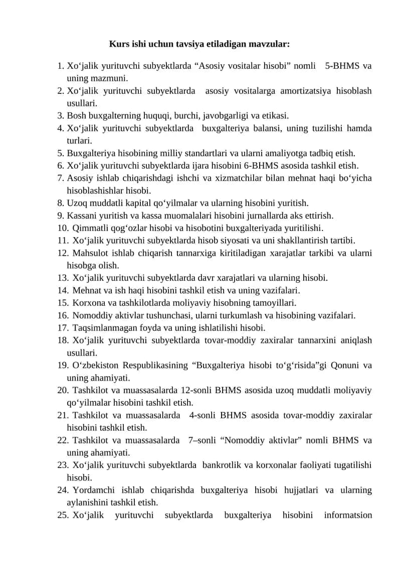 Xoʻjalik yurituvchi subyektlarda “Asosiy vositalar hisobi” nomli 5-BHMS va uning mazmuni