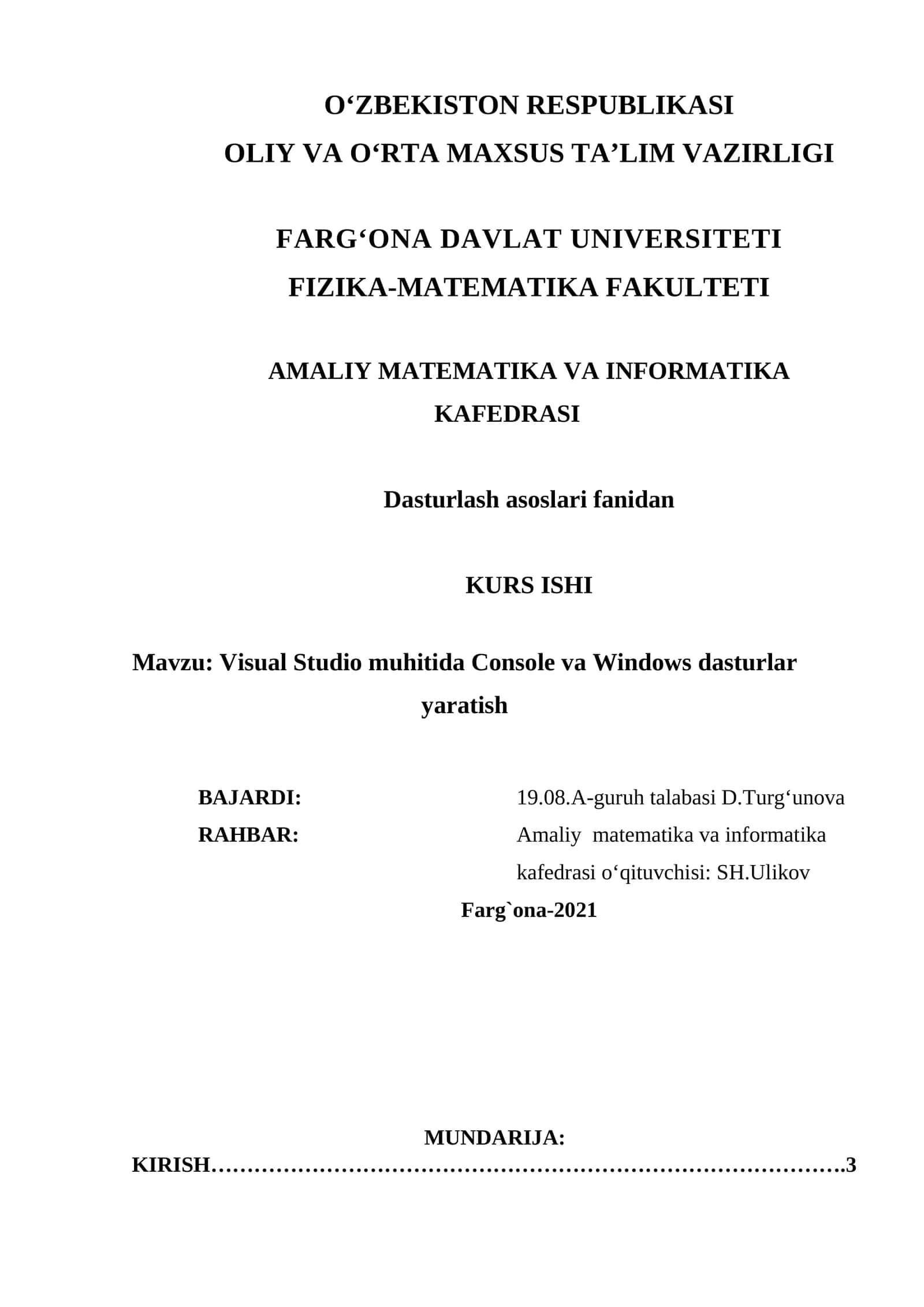 [Visual Studio muhitida Console va Windows dasturlar yaratish]