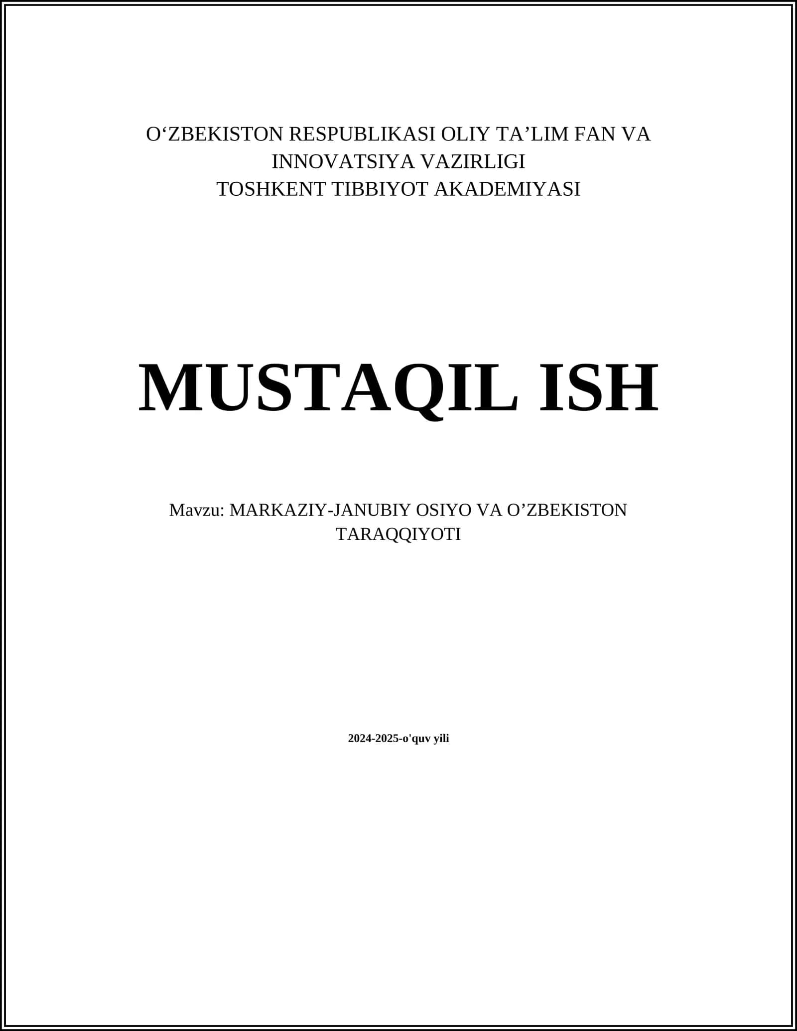 MARKAZIY-JANUBIY OSIYO VA O’ZBEKISTON TARAQQIYOTI